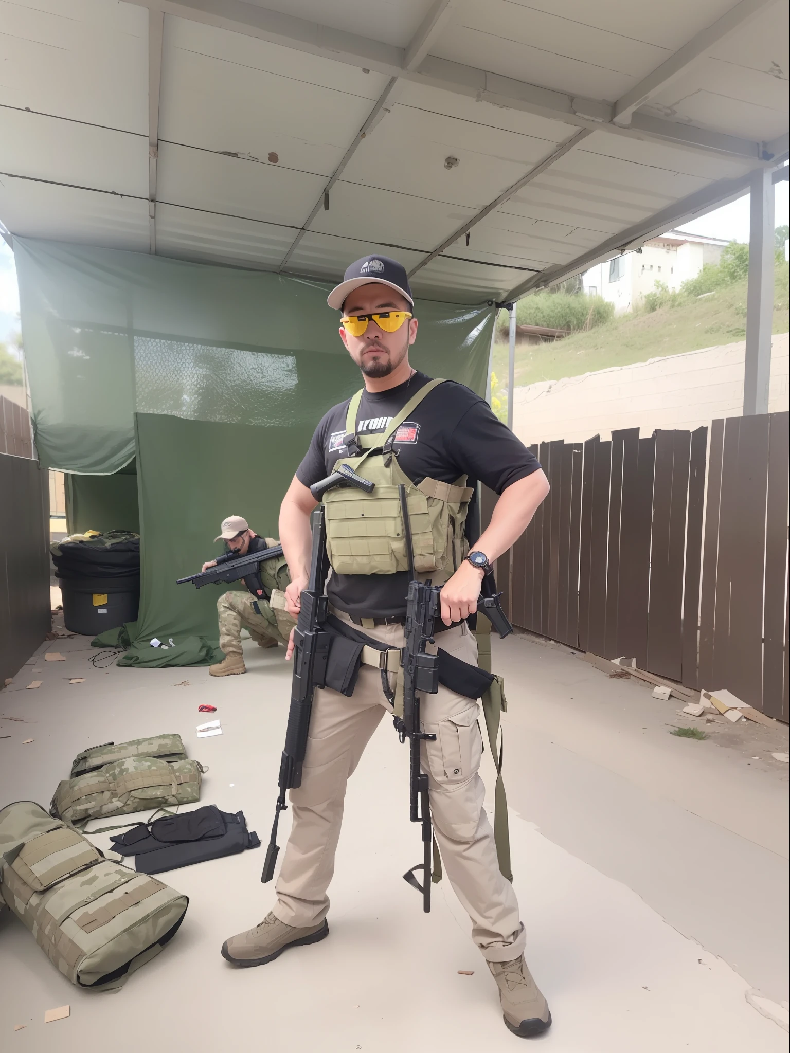 Arad man standing in yard wearing a construction vest and safety glasses, preparing to fight, airsoft cqb, Wear tactical gear, armed with edged weapons, with rifle, holding a mp7, holding pdw, airsoft close quarter combat, dressed in tactical armor, inspired by Oka Yasutomo, wearing techwear and armor, full body shot of