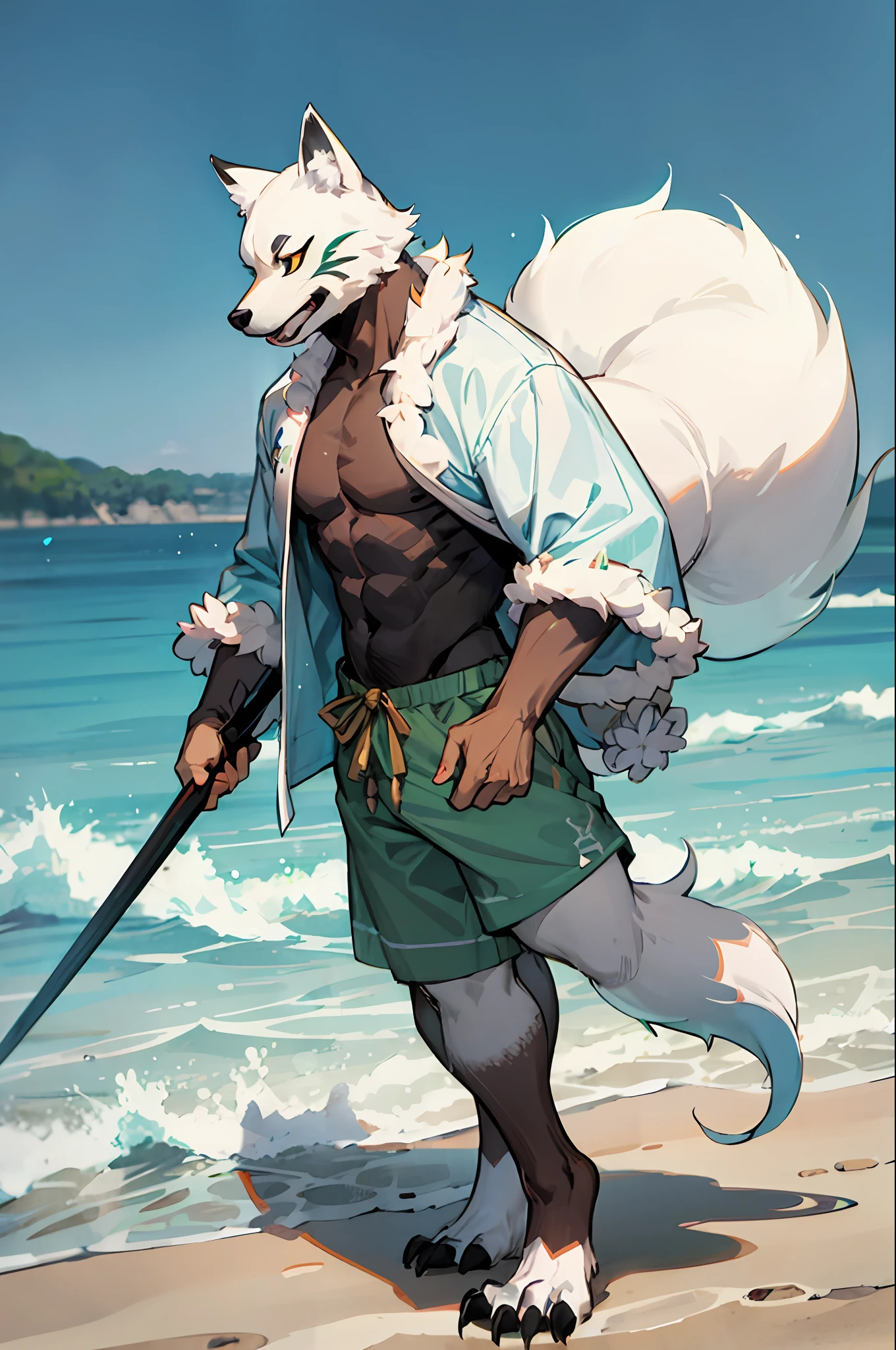 There are anime characters with swords and white wolves on the beach, commission for high resolution, very very beautiful furry art, fursona furry art commission, full body commission for, Furry art!!!, Furry anime, fox nobushi, Furry art, Furry character, white fox anime, fursona art, furry wolf, furry fantasy art, oc commission, commissions for