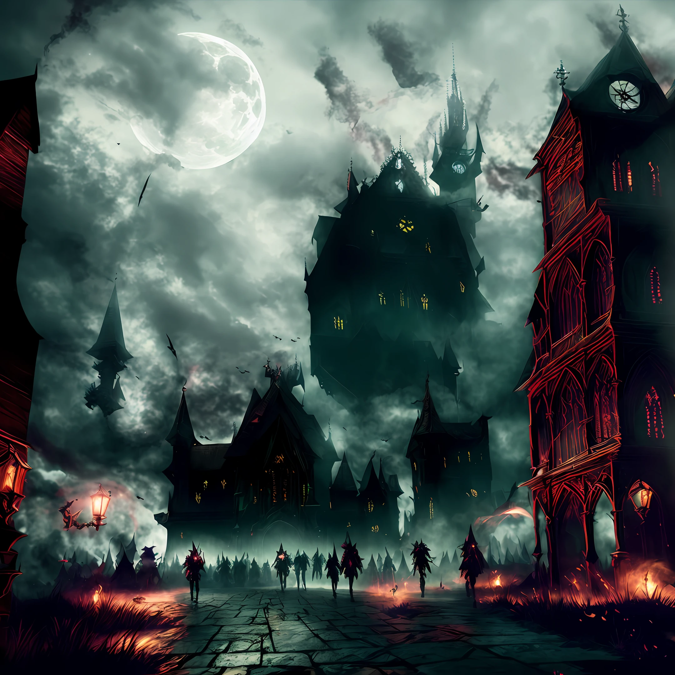 Creates a big city with blood-colored moon is a personages of death