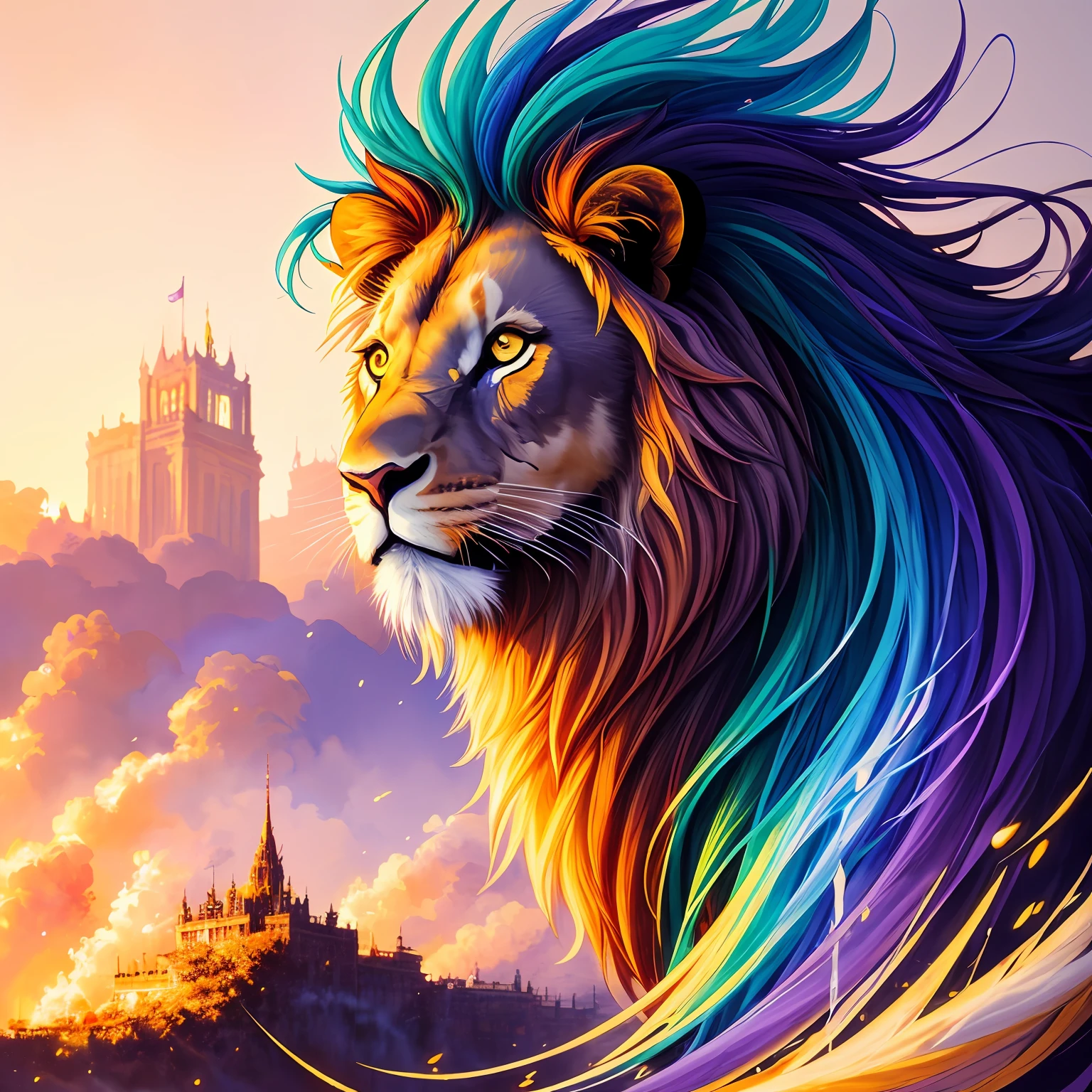 extremely stressed anime lion, drinking coffee in a building on fire in the background, masterful playing card border, random Colorful art, oil painting, blue yellow colors, light purple and violet additions, light red additions, intricate detail, splash screen, 8k resolution, masterpiece, artstation digital painting smooth veryBlack ink flow: 8k resolution photorealistic masterpiece: intricately detailed fluid gouache painting: by Jean Baptiste Mongue: calligraphy: acrylic: watercolor art, professional photography, natural lighting, volumetric lighting maximalist photoillustration: by marton bobzert:, complex, elegant, expansive, fantastical,  vibrant