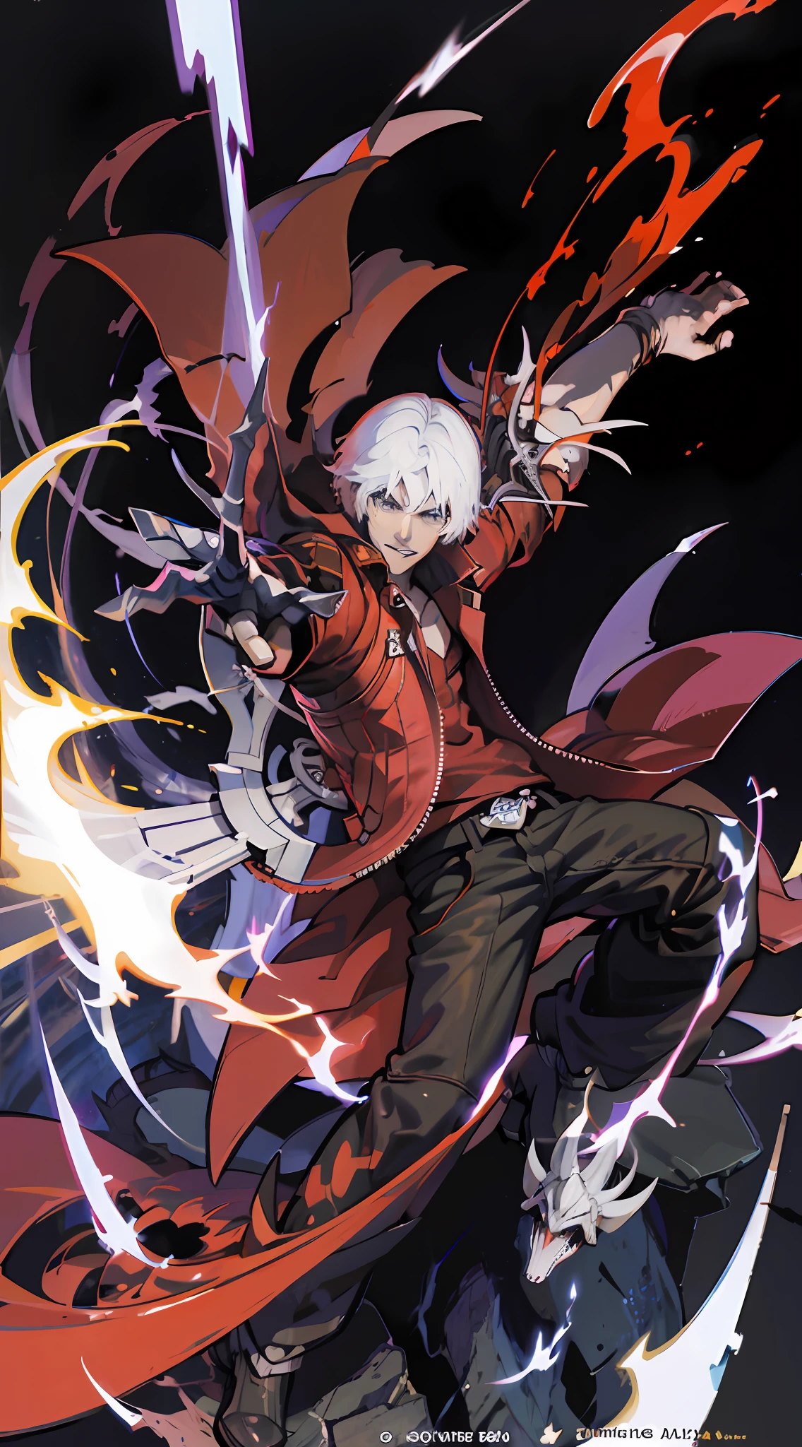 Dante, 30 aged, dark and red aura, holding a flaming blade, fire walking, destroied cenary