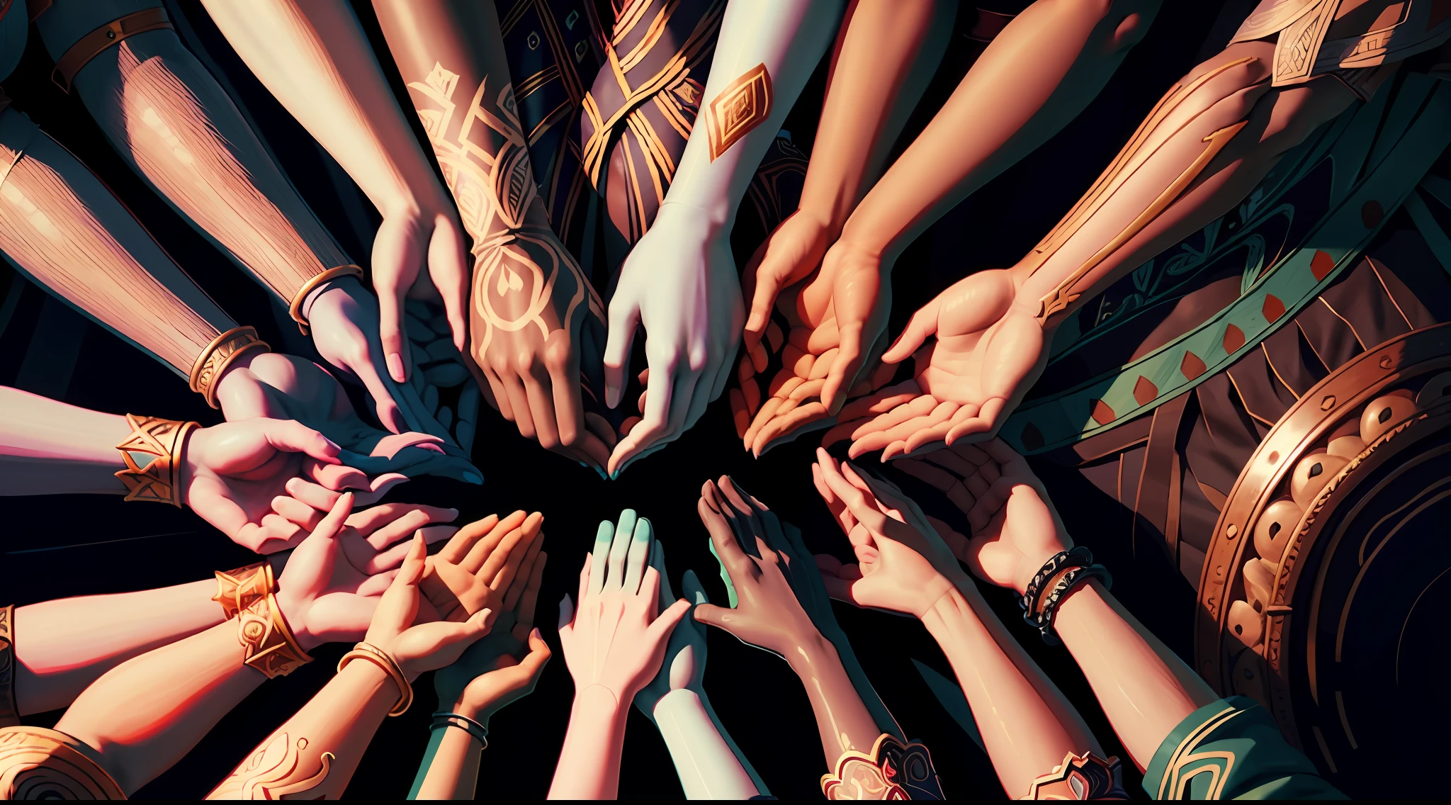 Animated hand-drawn style，Different countries，Different skin tones，group of people，hands in arms，Happy together！ --auto