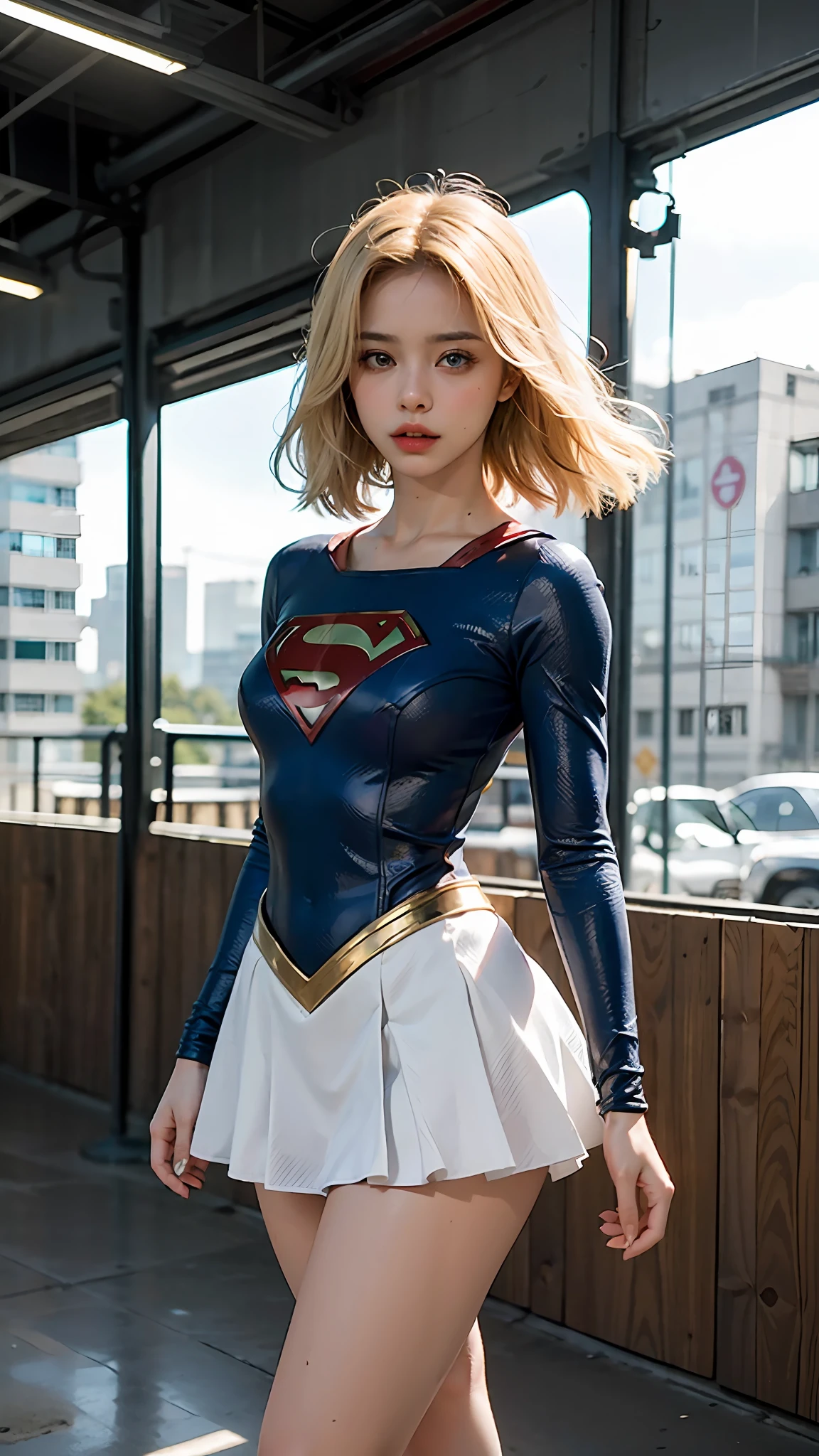 Mulher loira com corpo definido seios grandes, vestido fantasia sexy de Supergirl, she is blonde with blue eyes, superheroine superheroine sticker of supergirl cyberpunk, tiny micro skirt