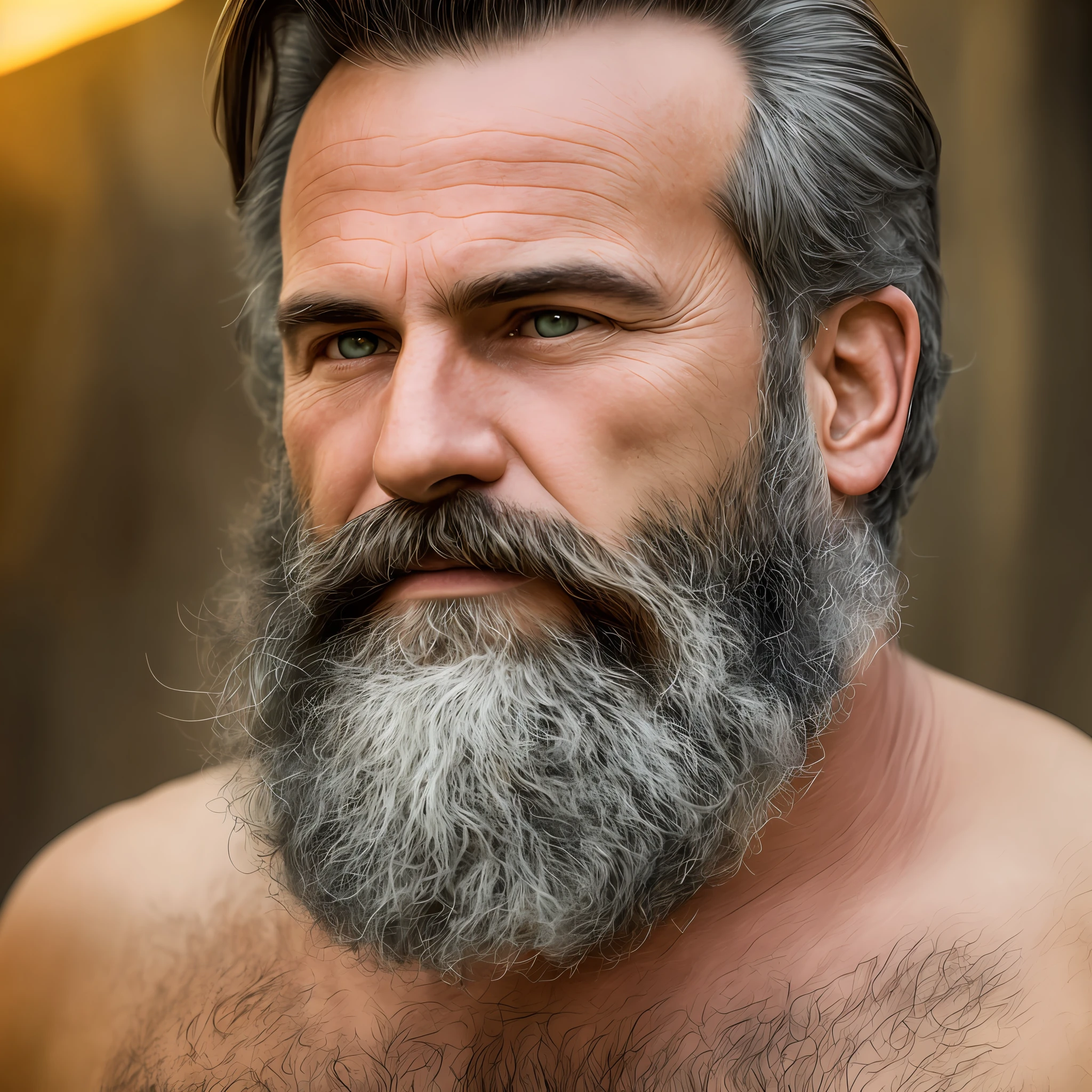 Homem idoso, barbudo, com barba longa e branca, olhar sereno, high-definition picture, cores cinzentas, little lighting --auto