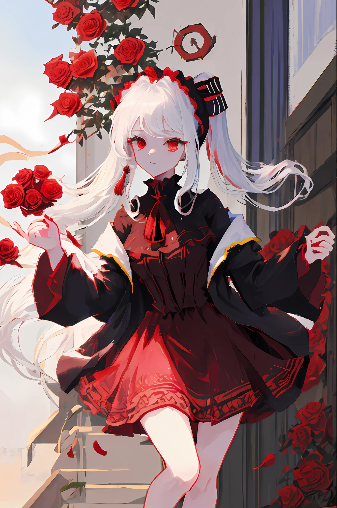 (absurdres, highres, ultra detailed),(Masterpiece, best quality:1.2),1girl,White haired girl,red eyes, surrounded by Roses,twin pony tail, wearing a red and black dress, white jacket, tassel