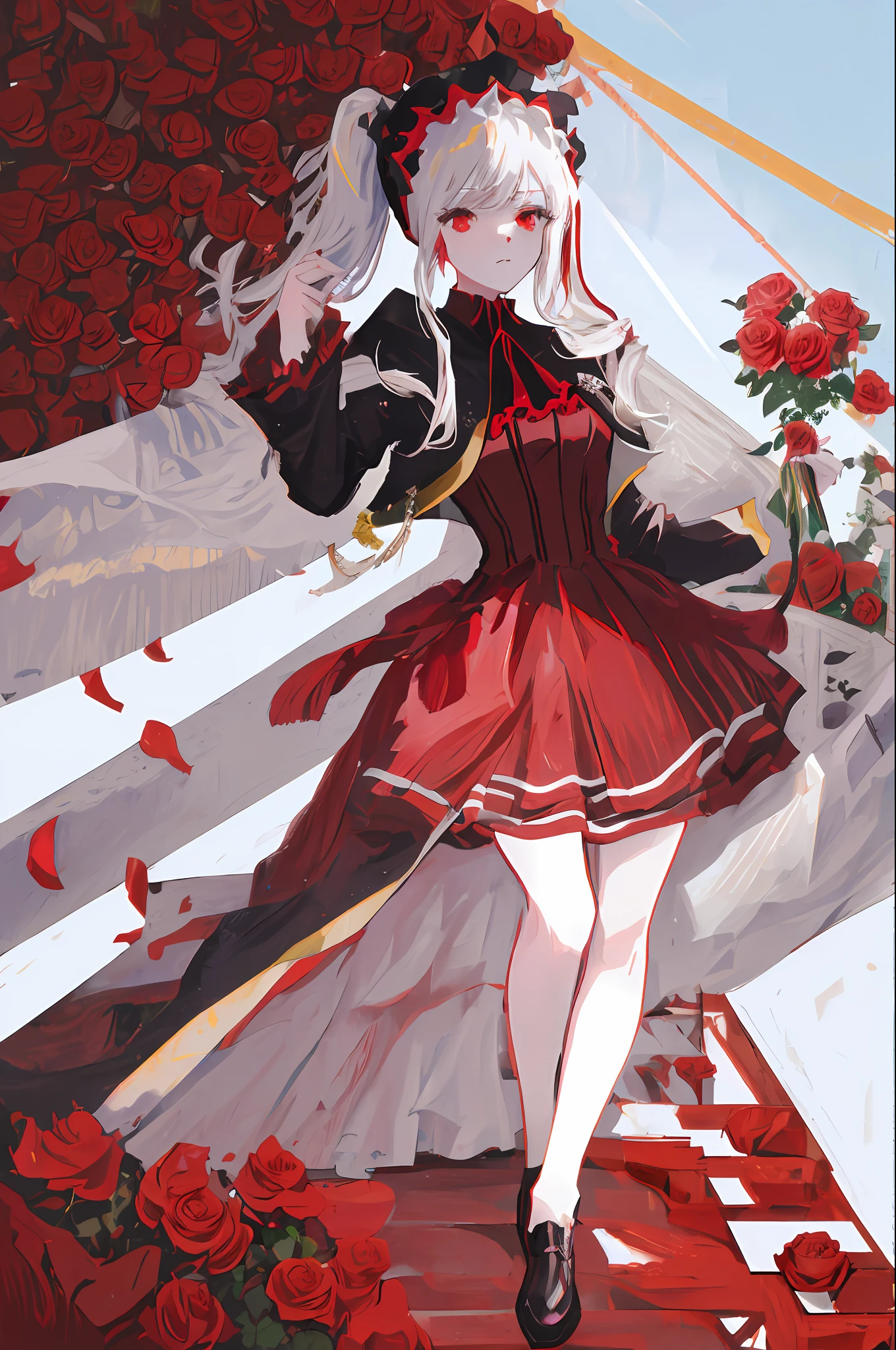 (absurdres, highres, ultra detailed),(Masterpiece, best quality:1.2),1girl,White haired girl,red eyes, surrounded by Roses,twin pony tail, wearing a red and black dress, white jacket, tassel