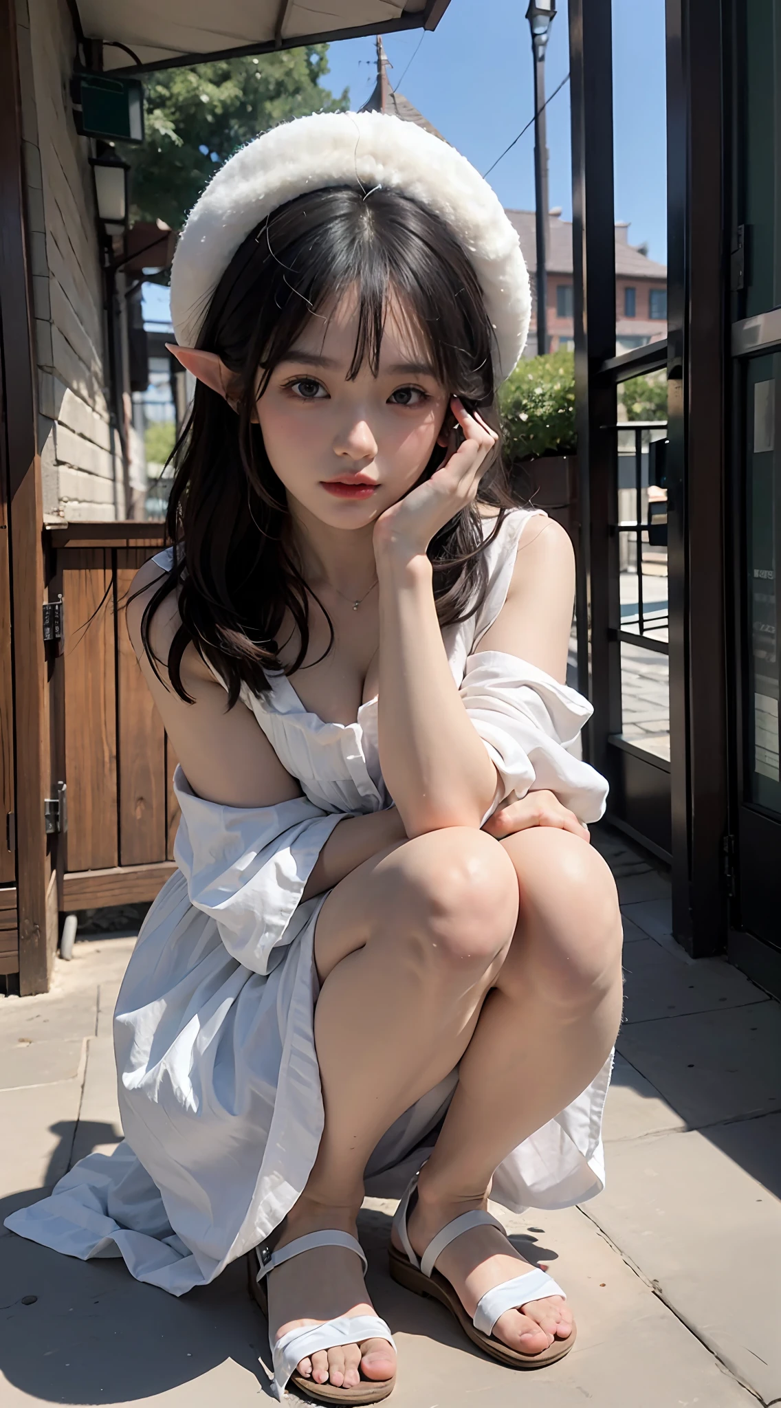 ((best qualtiy)), ((tmasterpiece)), (the detail:1.4), 3D, Beautiful elf beautiful girl in Western European style,Cute little ,Elf long ears,Complete body,(squating)(Silvery hair,dual horsetail:1.9),(Princess dress:1.6)(Flat sandals:1.6)estilo fantasia,closeup of face,Extremely normal hands,Extremely normal legs,hdr(HighDynamicRange),Ray traching,NVIDIA RTX,Hyper-Resolution,Unreal 5,Subsurface scattering、PBR Texture、post-proces、Anisotropy Filtering、depth of fields、maximum definition and sharpness、Many-Layer Textures、Albedo e mapas Speculares、Surface coloring、Accurate simulation of light-material interactions、perfectly proportions、rendering by octane、Two-colored light、largeaperture、Low ISO、White balance、the rule of thirds、8K raw data