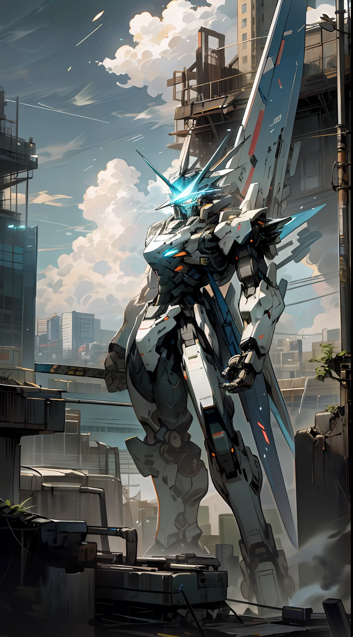 sky, clouds, holding_weapon, no_humans, glowing, a man standing on top of a building, his back to the viewer, looking into the distance, giant robot, building, ruins, glowing_eyes, mecha, science fiction, city, reality, mecha