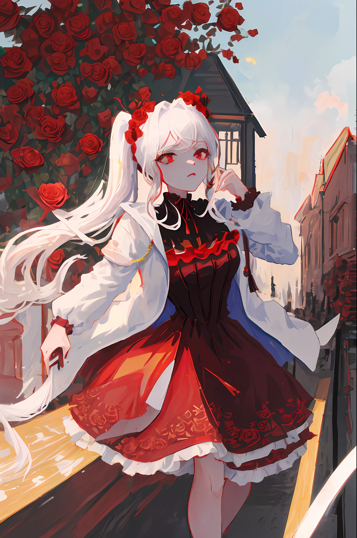 (absurdres, highres, ultra detailed),(Masterpiece, best quality:1.2),1girl,White haired girl,red eyes, surrounded by Roses,twin pony tail, wearing a red and black dress, white jacket, tassel