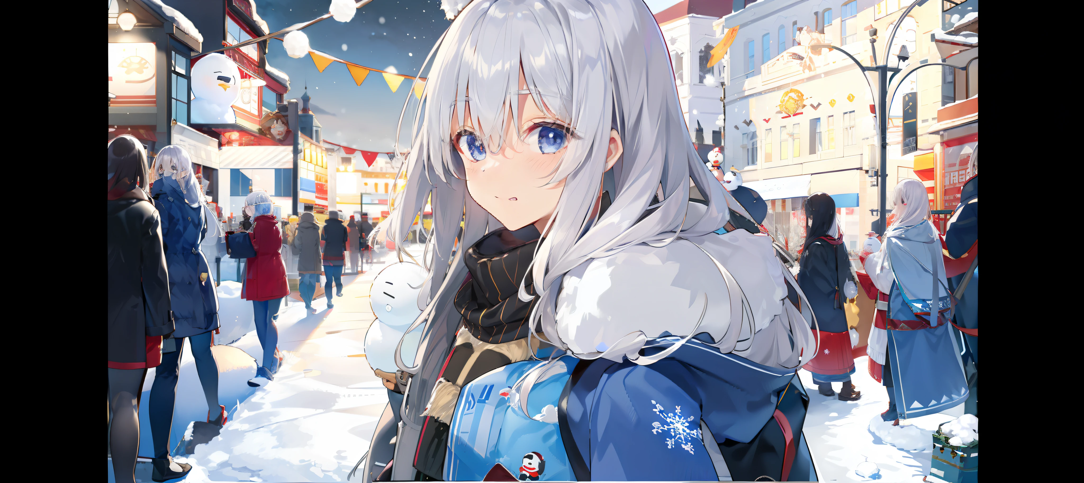 ((Masterpiece,Best quality,Detailed)), 1girll, Solo, ph elaina \(Majo no tabitabi\), winter uniform, Kunzhe, Section, Fur-trimmed sweater, wintercoat, Snowman hair ornaments, Blizzard, Night,  snowflake print, Black coat, Snowman print, snowball