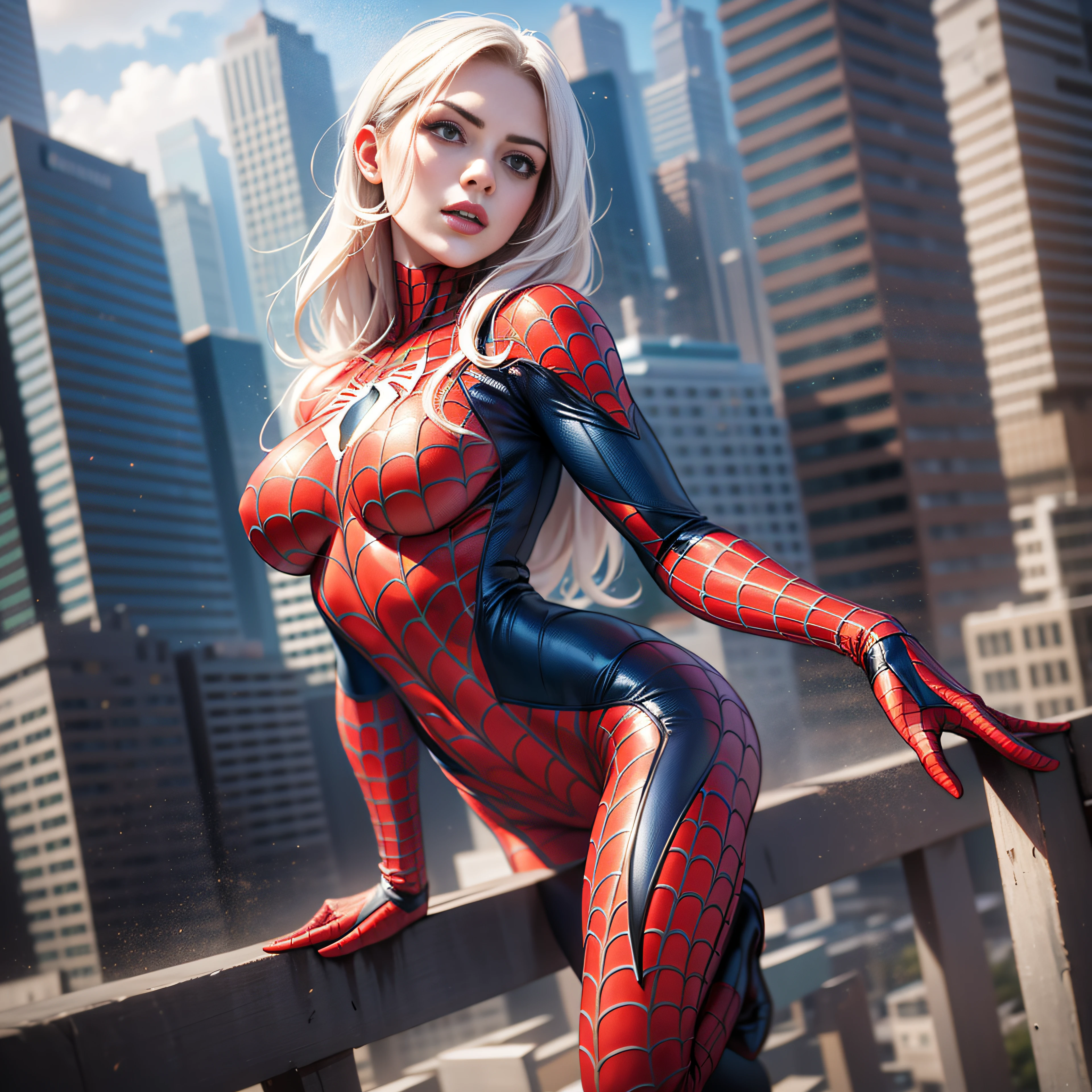 4k, realistic, carismatic, very detail, there is a girl on top city, wearing spiderman costum, she is a spiderman, white super hero theme, white long hair, 25 years old, full body