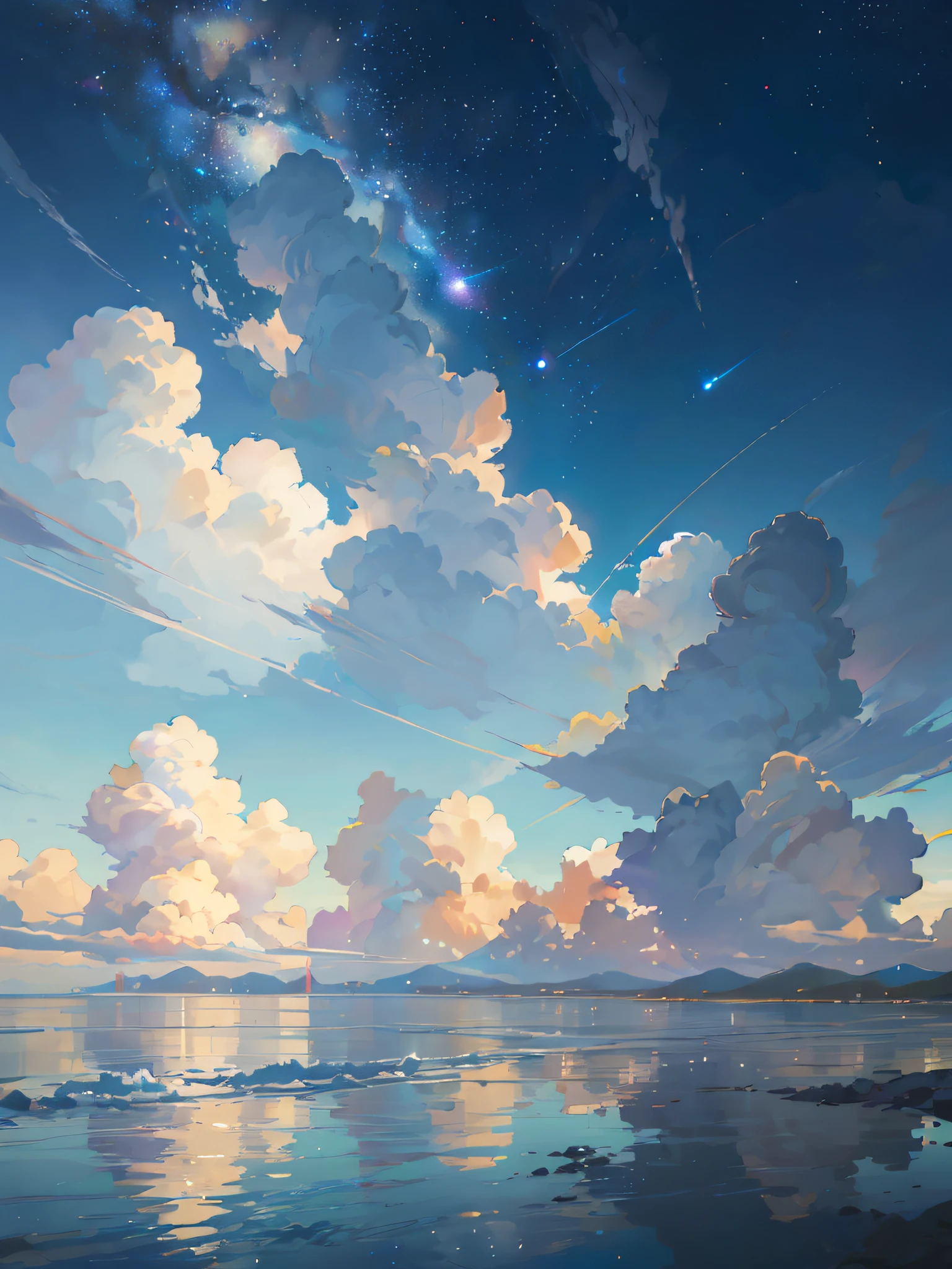 There is a picture of the sky，There are clouds and stars，space sky。There is a man in the field to fulfill，Adult Male，Carrying a bag，The character is in the lower right corner of the screen，The characters are small，On the walk。Inspired by landscape backgrounds，Shinkai sincerely，Shinkai sincerely。- H 2160，夏天，Makoto Shinkai concept art，Tumblr，magic realism，beautiful anime scenes，beautiful sky。Shinkai sincerely，（By Shinkai Makoto）），Anime background art，anime backgrounds，Makoto Shinkai's style，anime movie backgrounds，the milky way express，No Man