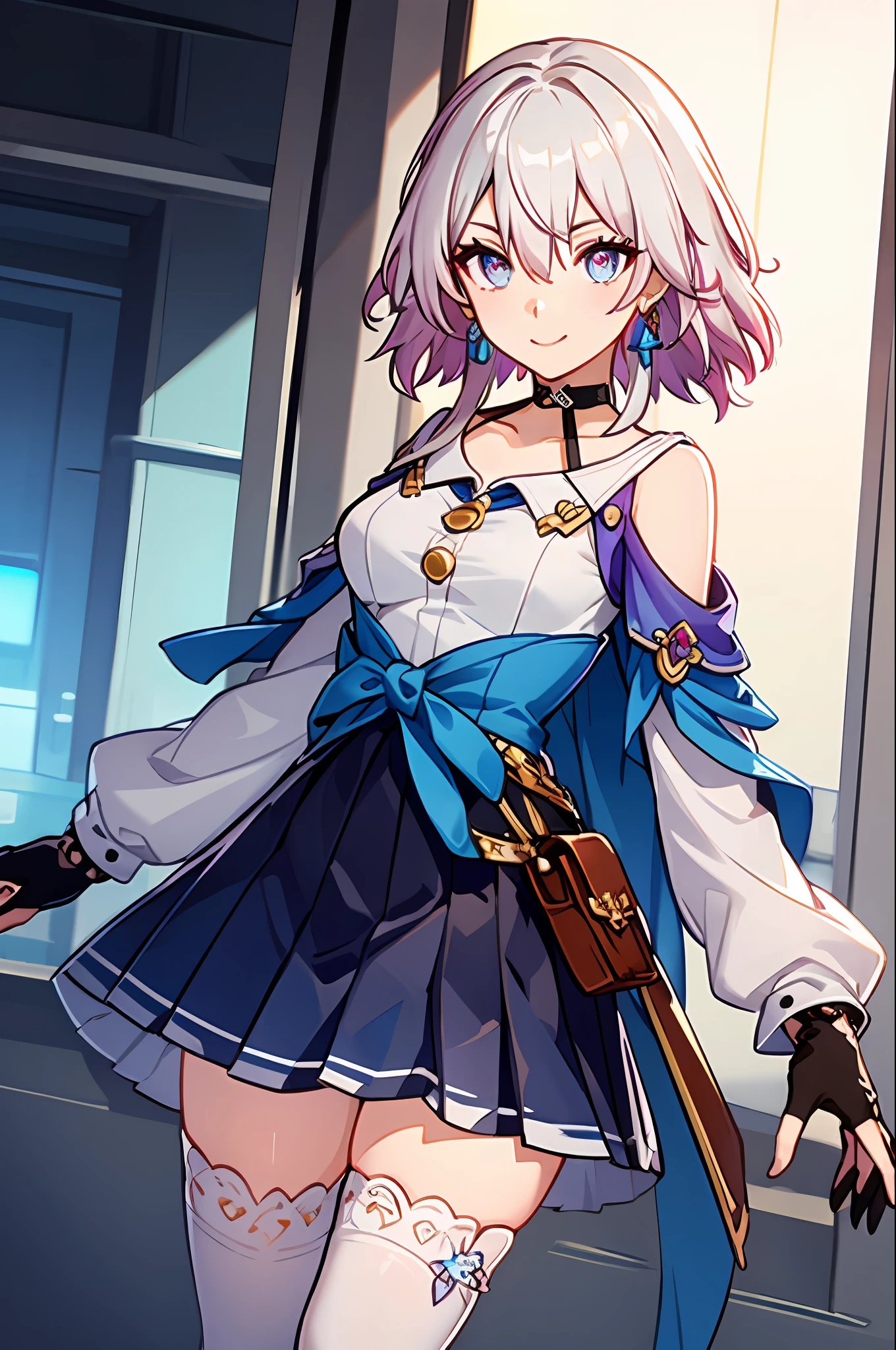 Mahd, Mards, 1girl, 独奏, skirt, gloves, earrings, jewelry, explosions, eyes blue, black gloves, long-sleeved, blue skirt, thights, choker, fingerless gloves, white shirt, Hair between the eyes, short hair hair, single glove, Pleated skirt, Partially fingerless gloves, medium hair, purple eyes, one thigh, jacket, Multicolored Eyes, white thighhighs, (巨作:1.6, Best Quality), (meticulously detailed beautiful eyes: 1.2), A highly detailed, illustration,Beautiful Detailed Eyes,