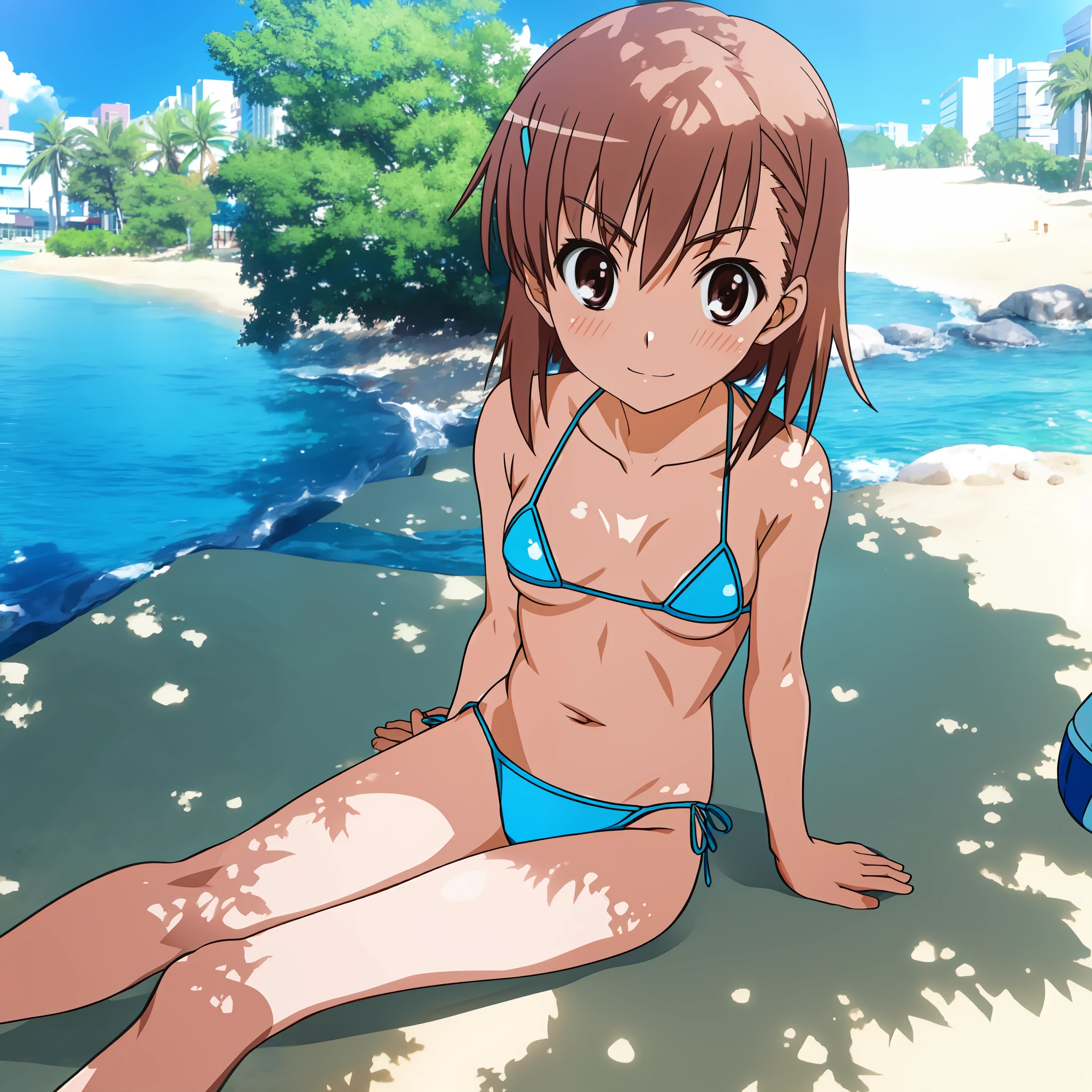 misaka mikoto, beach, micro bikini, cute, blushing, smiling, sitting in the sand, medium breasts