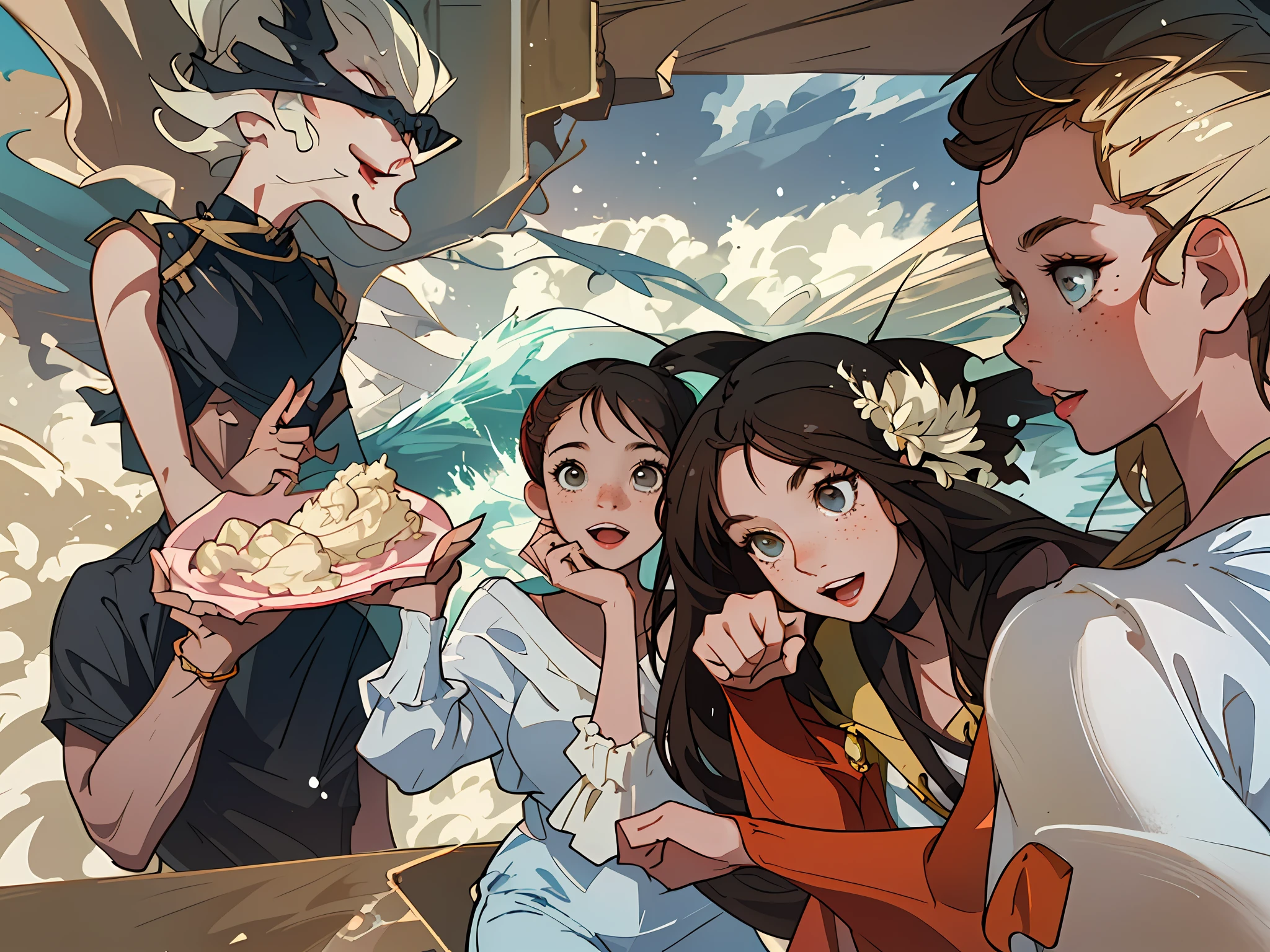 (Best quality at best,tmasterpiece),3 girls on the left,1 boy on the right,lewd poses,ssmile,big laughter,the ocean,Short top,shorter pants,blond hairbl,freckle,Be red in the face,Warmth,Cream wind,brightly,