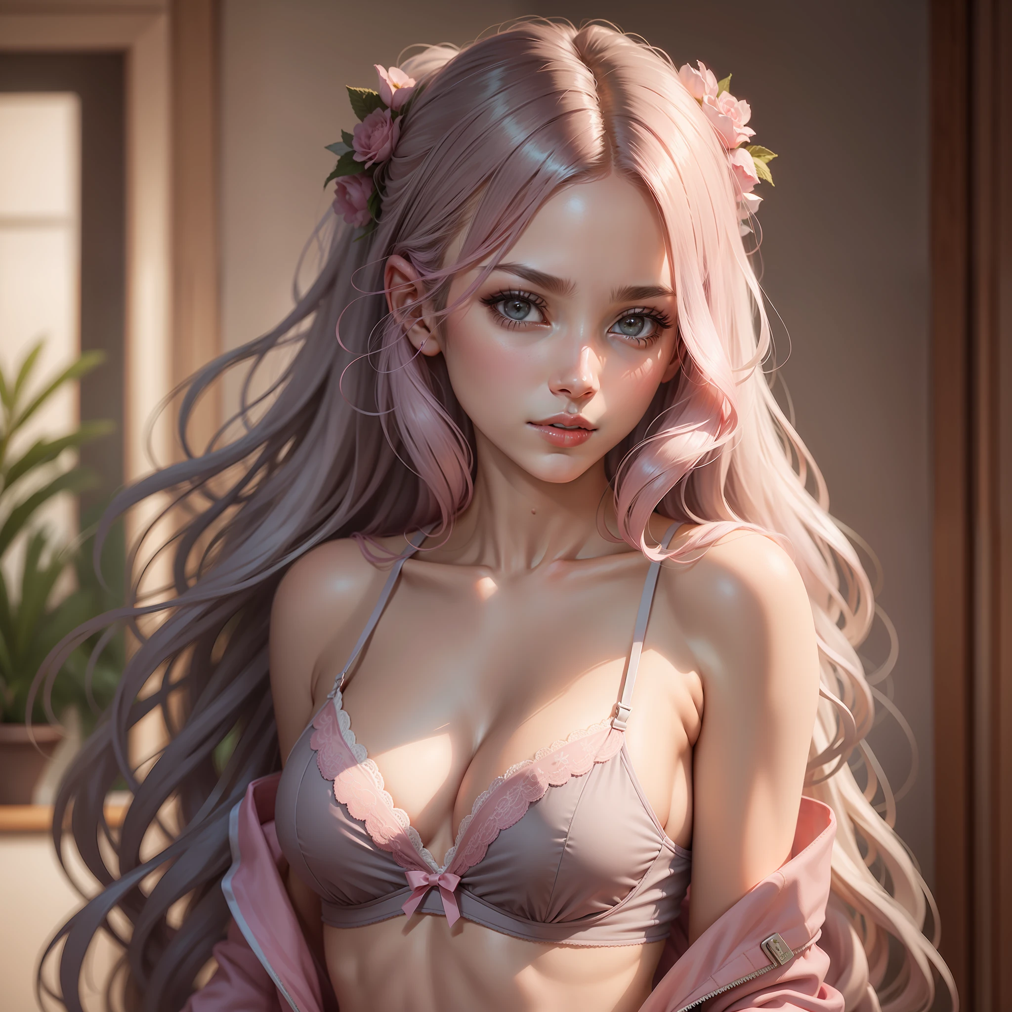 pink lingerie, grey long hair, small breast, half body, ultra realistic,