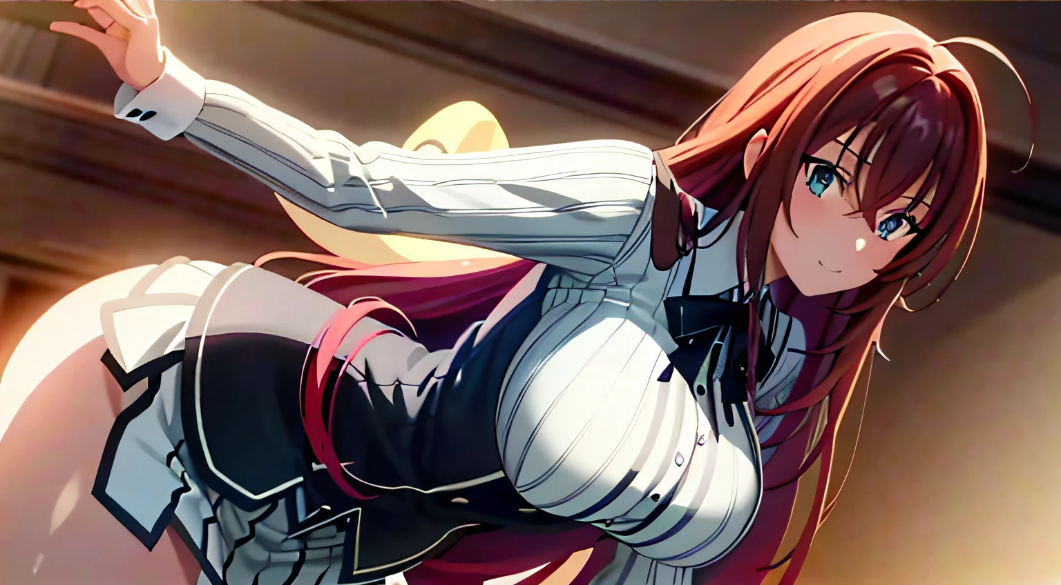 masterpiece, best quality, 1girl, long hair, looking at viewer, :3, cute, black school uniform, outdoors, streets, cowboy shot, large breasts, curvy, (((blue eyes))),  rias gremory, red hair, antenna hair,  wavy hair, ((beautiful detailed eyes, beautiful detailed glow, lots of glow)), anime screencap,