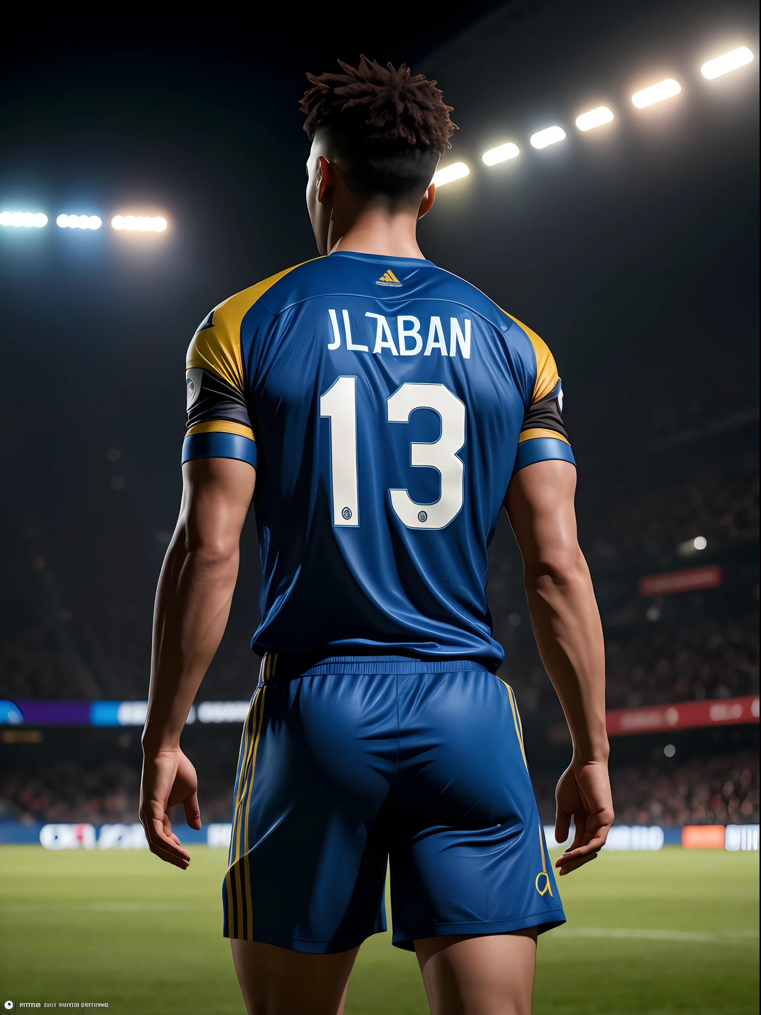 A footballer stands on the field, Turn your back to the camera,Wearing blue number 10 shirt,In the distance are spectators in the stands,Photoreality,photore,tmasterpiece,hentail realism,hentail realism,Photoreality,hight contrast,The photorealistic digital art trend is detailed and realistic in Artstation 8k HD HD, A detailed, skin textures, ultra - detailed, realistic skin textures, armature, best qualtiy, 超A high resolution, (真实感:1.4),, A high resolution, A detailed, RAW photogr, sharp, by lee jeffries nikon d850 film stock photograph 4 kodak portra 400 camera f1.6 Lens, rich colors, ultra-realistic realistic textures, dramatic lighting, unrealengine artstation cinestill 800 trends,