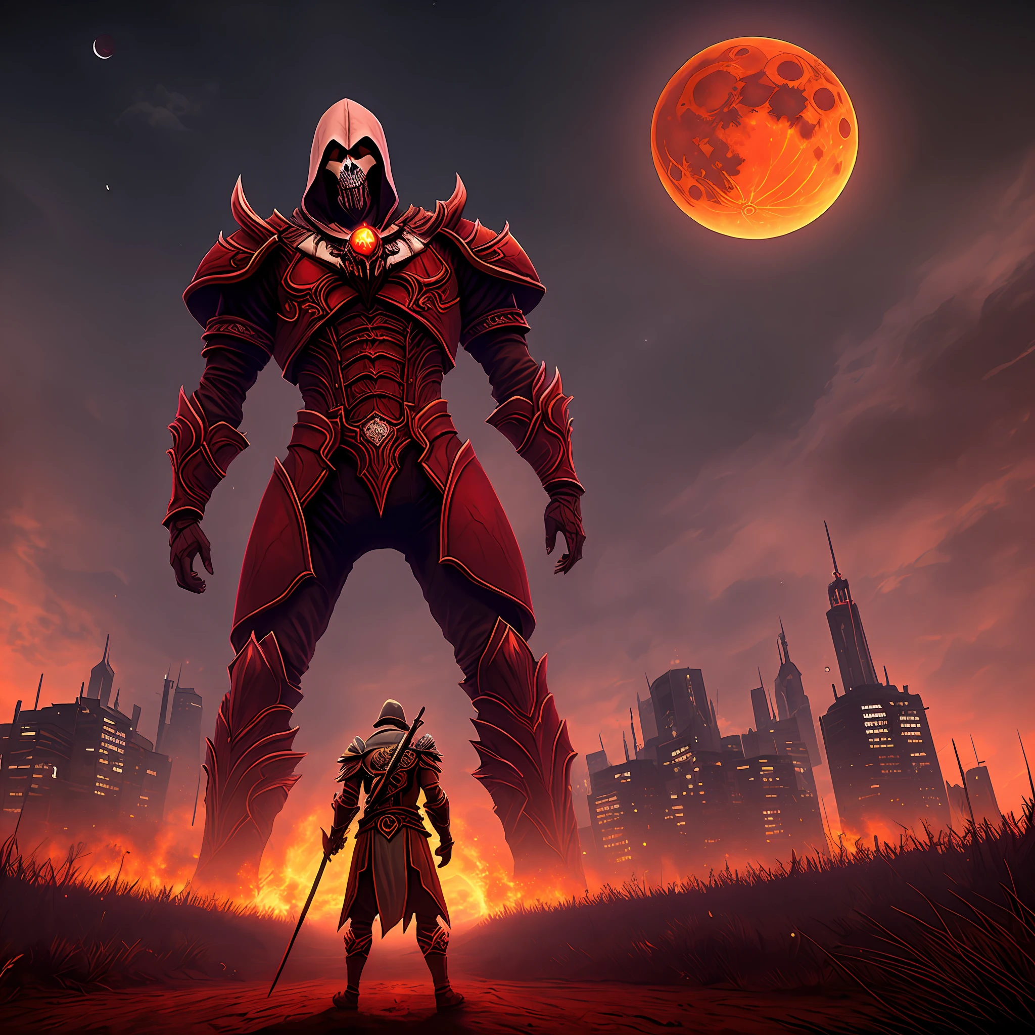 Reaper of souls: in the background a city with several buildings is a blood moon;