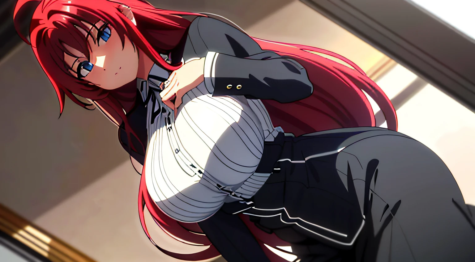 masterpiece, best quality, 1girl, long hair, looking at viewer, :3, cute, black school uniform, outdoors, streets, cowboy shot, large breasts, curvy, (((blue eyes))),  rias gremory, red hair, antenna hair,  wavy hair, ((beautiful detailed eyes, beautiful detailed glow, lots of glow)), anime screencap,