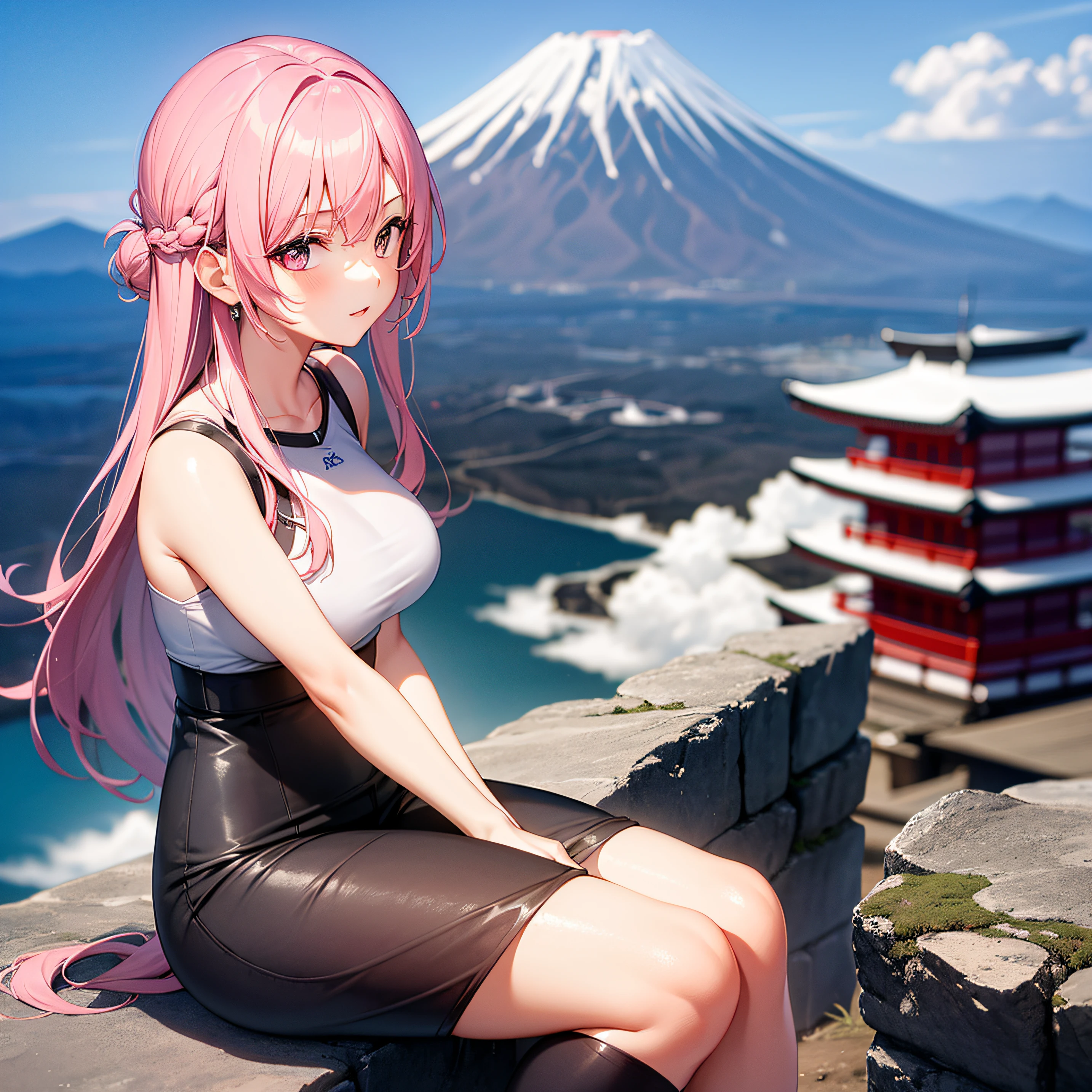 1girl in,Pink hair,The summit of Mt. Fuji