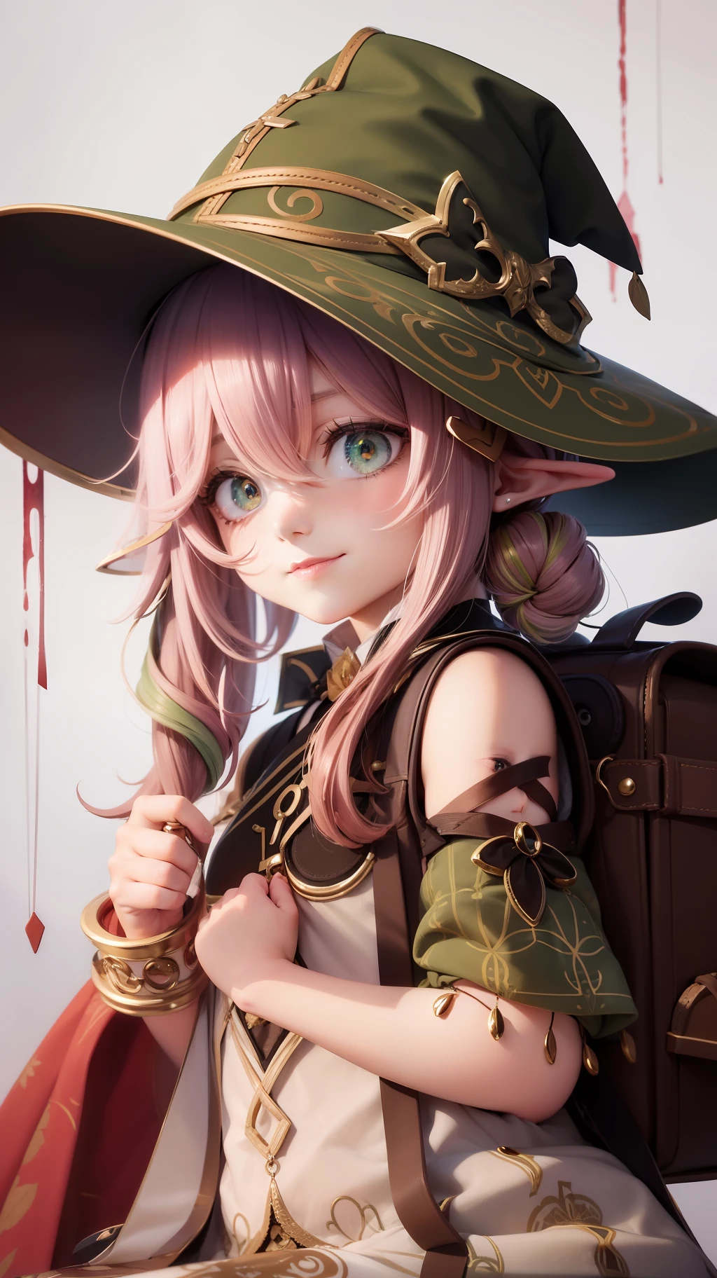tmasterpiece, Best quality at best, 1girll, ssmile, Witch hat, Redhead bow, obi strip,upper legs, The upper part of the body, backpacks,Heterochromic pupils,bleed
