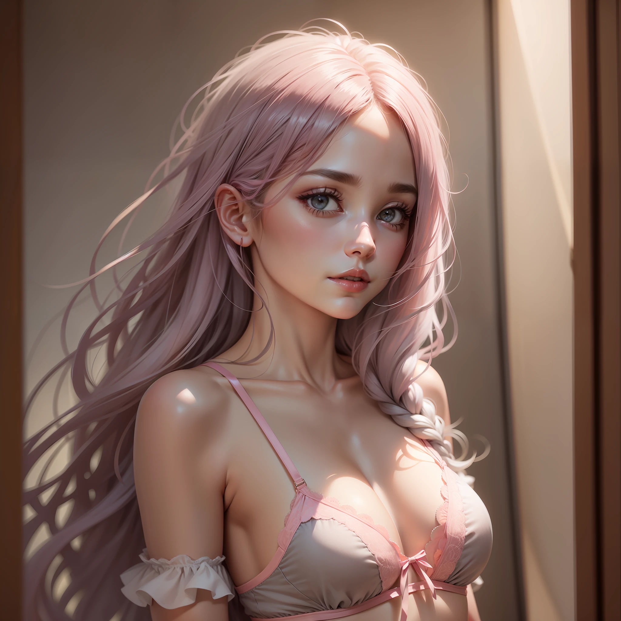 pink lingerie, grey long hair, small breast, half body, ultra realistic,