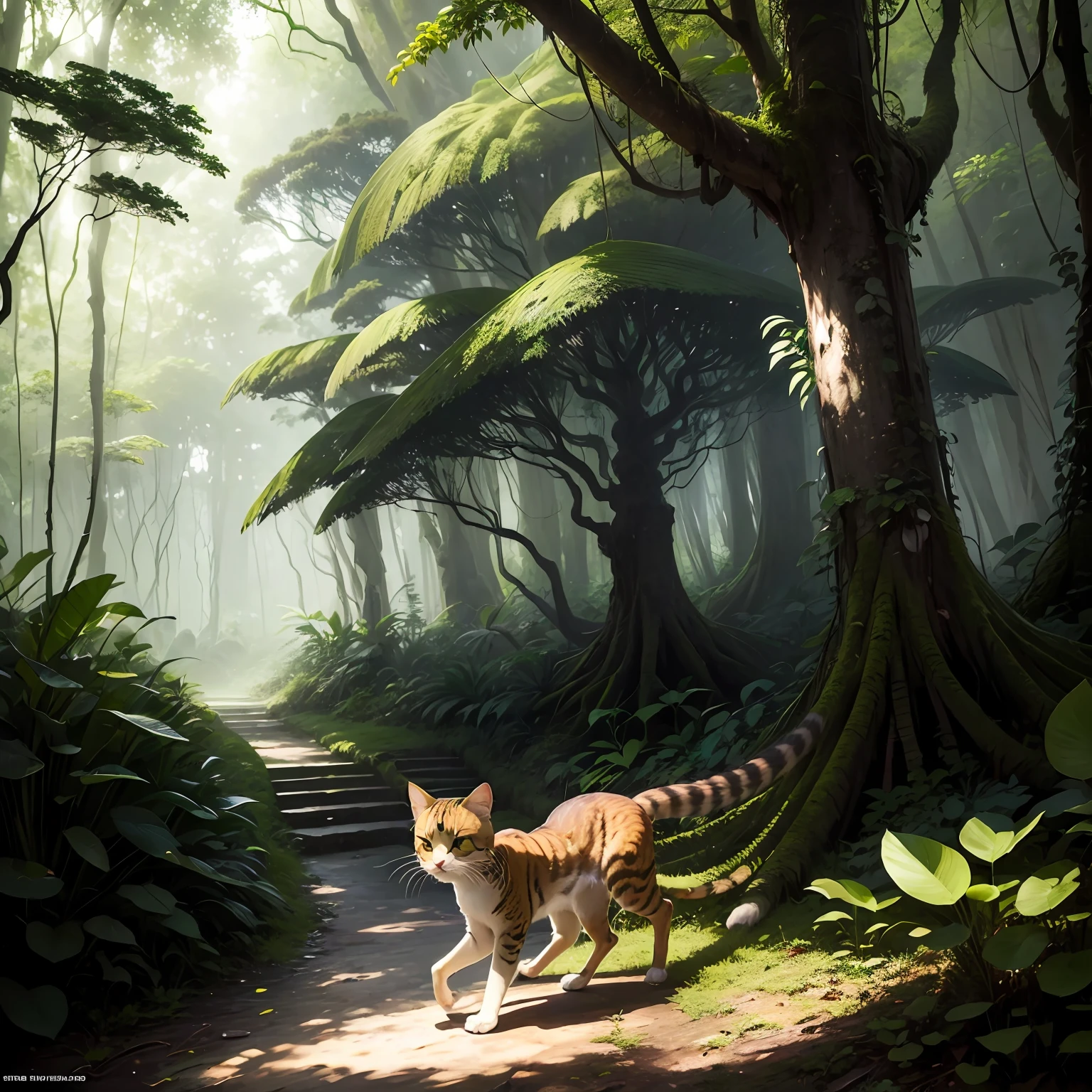 In a dense rainforest,In the grass under the big tree,A mysterious and elegant green long-tailed cat,Walk out slowly,Step by step, step on the soft vegetation,The eyes are smart and spirited --auto
