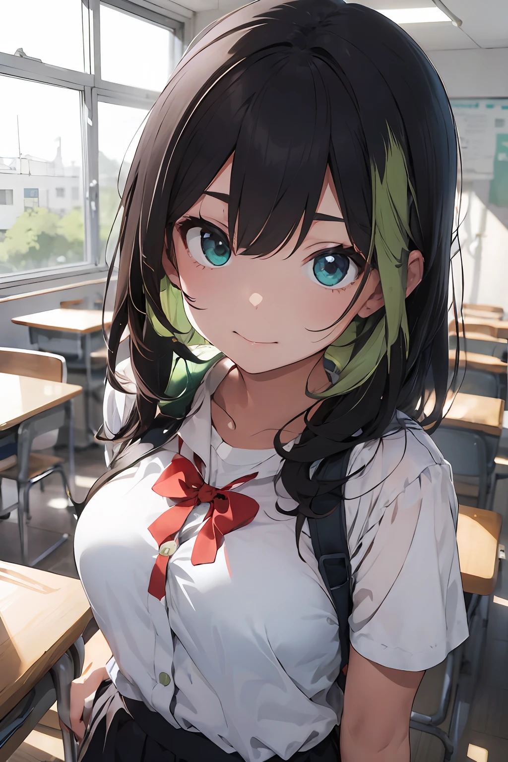 Chica de anime extremadamente hermosa con senos medianos cabello negro con mechas verdes en las puntas del cabello en un aula, tried to seduce