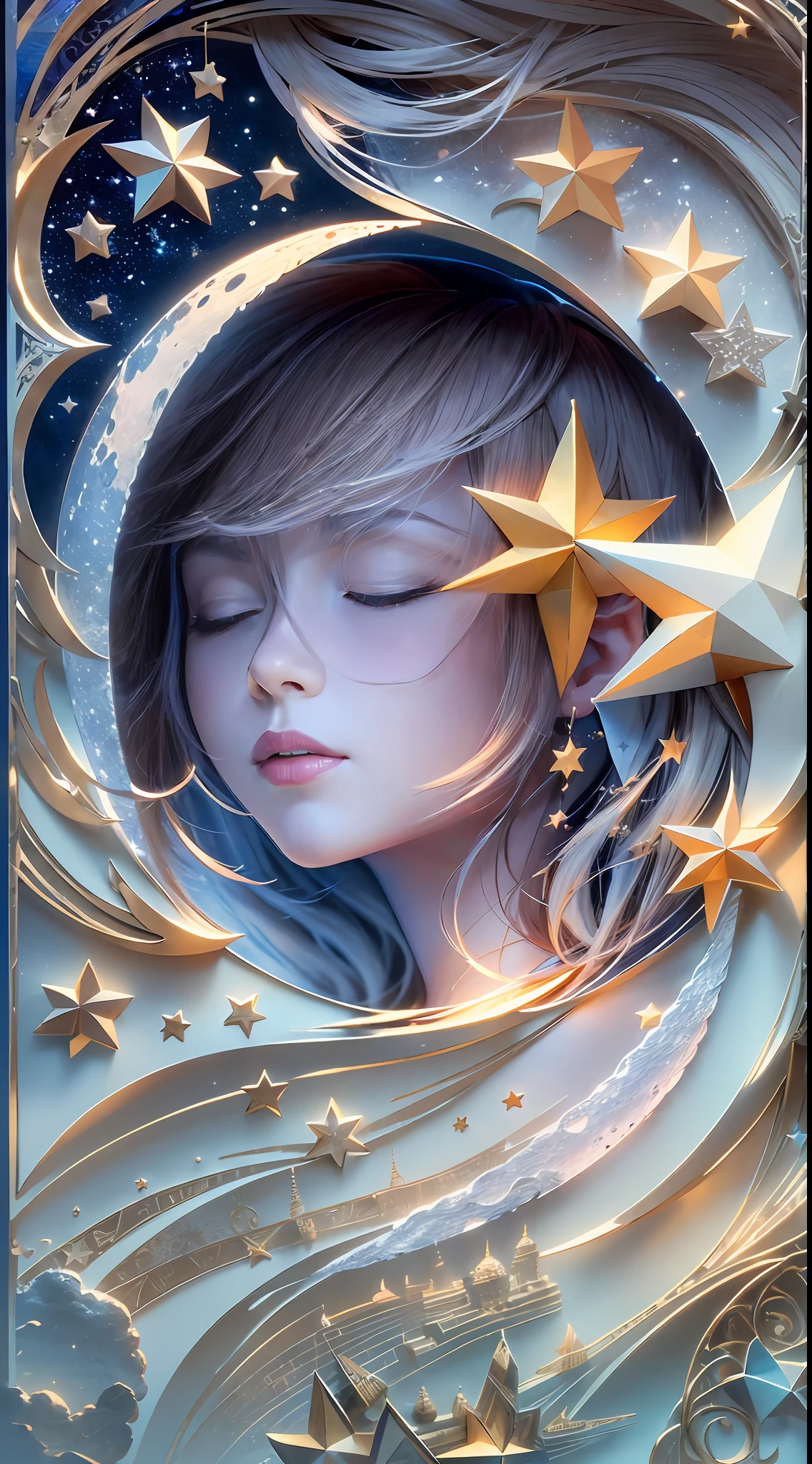 illustration: 1.3), paper art, 3D rendering of, Colorful background,(Beautiful side face,closing her eyes: 1.3), (Masterpiece star: 1.2) (Masterpiece Moon: 1.2), Colorful, Best quality, Detailed details, Masterpiece, offcial art, movie light effect, 4K, Chiaroscuro , Flash