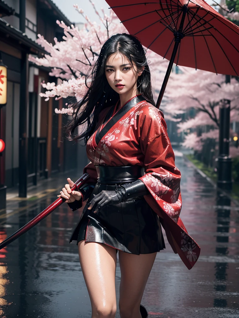 (masterpiece, high resolution, photo-realistic:1.3), stunning young woman, (flowing black hair:1.2), deep brown eyes, (samurai armor:1.2), katana sword, (ornate hilt:1.1), vibrant red and black outfit, traditional hakama, (rain-soaked street:1.2), neon-lit Tokyo skyline, glowing reflections, (glistening raindrops:1.1), dramatic cityscape, wet pavement, puddles, blurred car lights, (umbrella with cherry blossom pattern:1.2), dynamic angle, determined expression, intense atmosphere, mid-stride, side view, contrasting warm and cool colors, cinematic composition.