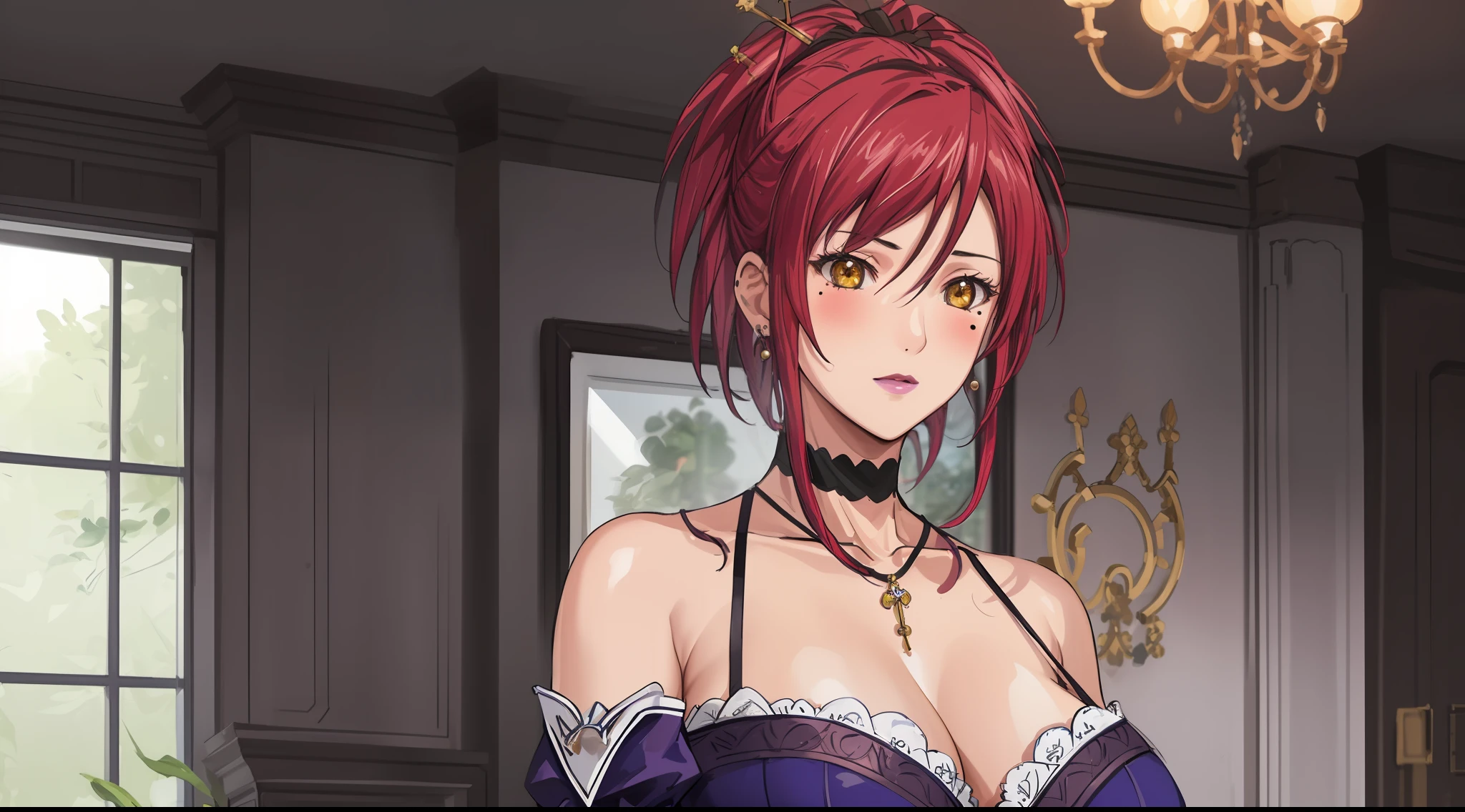 (Masterpiece, Best Quality, High Quality:1.4), professional artwork, Intricate Details, field of view, sharp focus, detailed painting, photorealistic lighting, trending on pixiv, (vivid lighting, vibrant colors:1.05), realistic shadows, ambient occlusion,
Marie Mamiya, mature female, milf, solo, (curvy:1.1), luxury room, (half body shot:1.1),
(red hair:1.05), hair ornament, lipstick, makeup, (mole under eye:0.9), choker, ultra detail hair, ultra detail face, (yellow glowing eyes:1.05), perfect eyes, perfect face, perfect retina, earrings, (seductive look, blush:1.15),
(main dress:1.4), choker, bare shoulders, necklace, fingernails,
(Large Breasts:1.15), Cleavage,