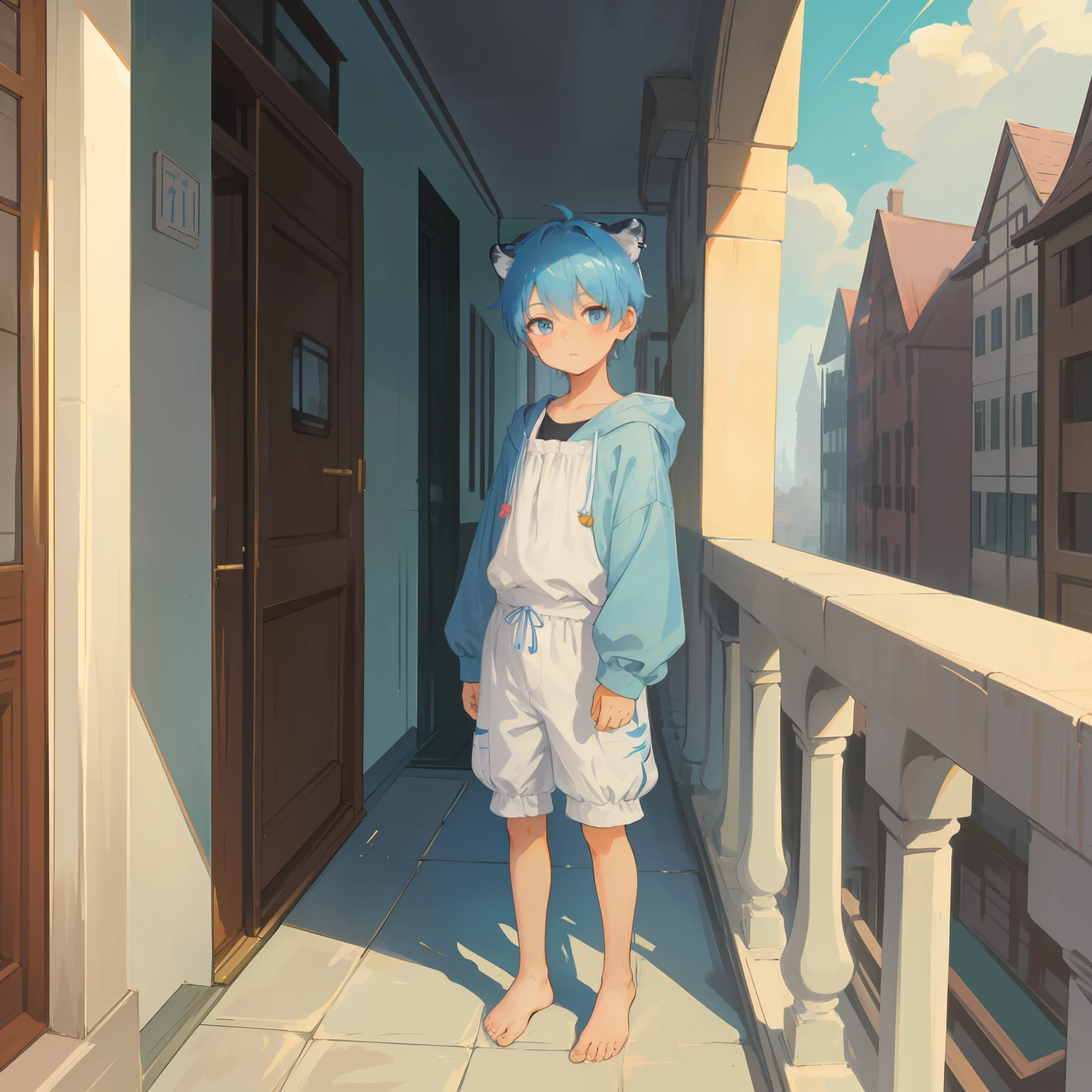 4K), Cute 7 year old little boy with small feet and short legs with light blue hair and barefoot and tiger onsie, Stands on the balcony and shows his feet, Regentag, Nebel Licht, Impressionismus, 2D, Feet in focus