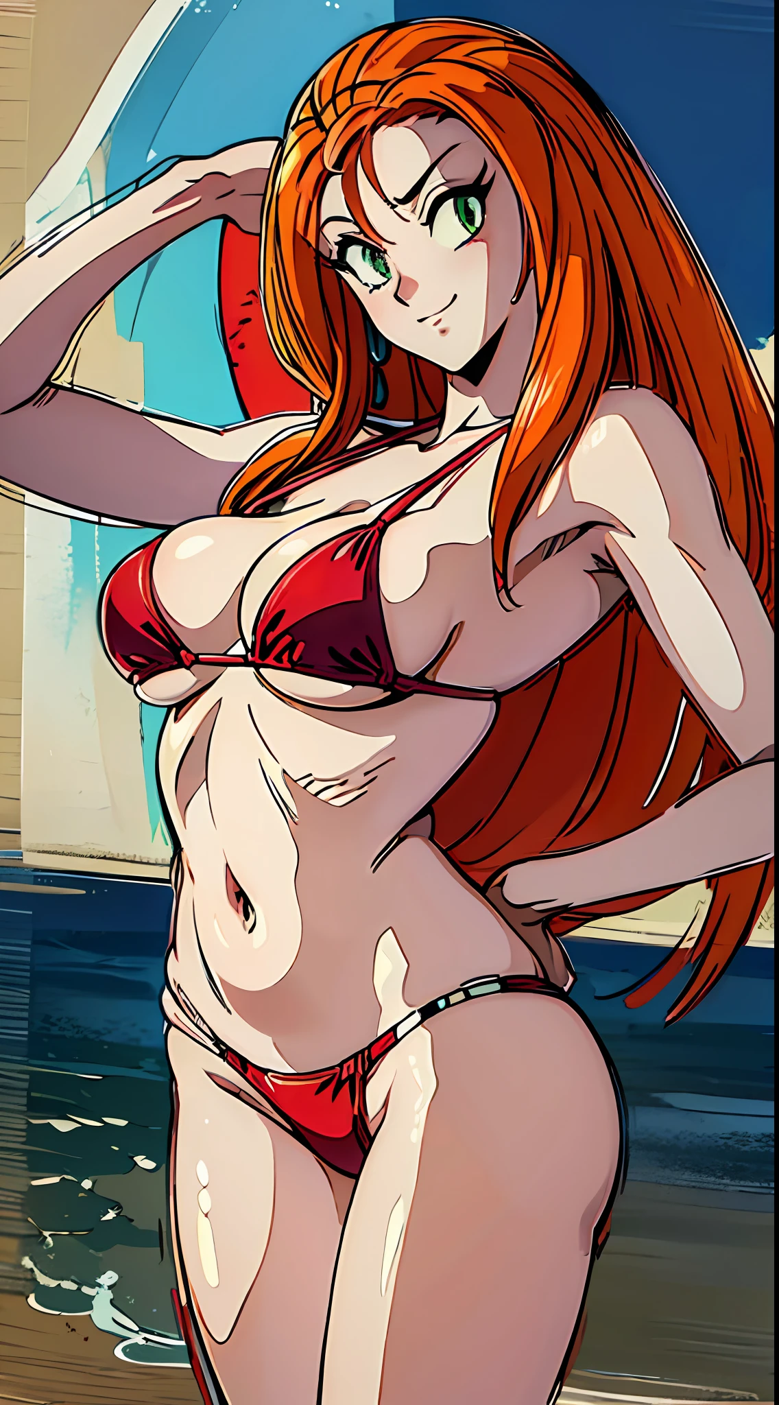 ((masterpiece)), ((best quality)), ultra detailed, detailed background, orange hair, Long Hair , green eyes, thin eyes, extreme large breast, long hair,, highest details, sexy, focus, Alluring, long legs, hentai style, sensual smile, erotic, erotic body, sexually suggestive, hentai body, sensual pose, naughty face, aroused body,  ((on a paradisíac beach)), (tiny bikini), (red bikini), ((ahegao expression))