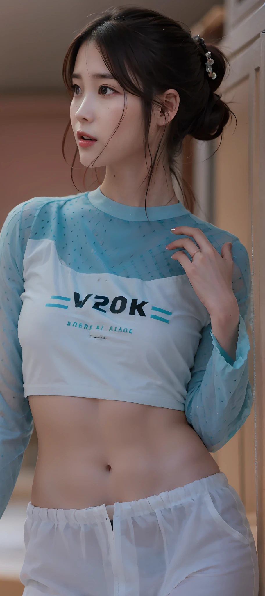 there is a woman that is standing in a room with a shirt on, neon edges on bottom of body, y2k aesthetic, y 2 k aesthetic, upper body close up, vhs screencap, blue tight tshirt, 35mm —W 1920 —H 1080, see through, revealing clothes, wearing a sexy cropped top, iu1, lee ji-eun