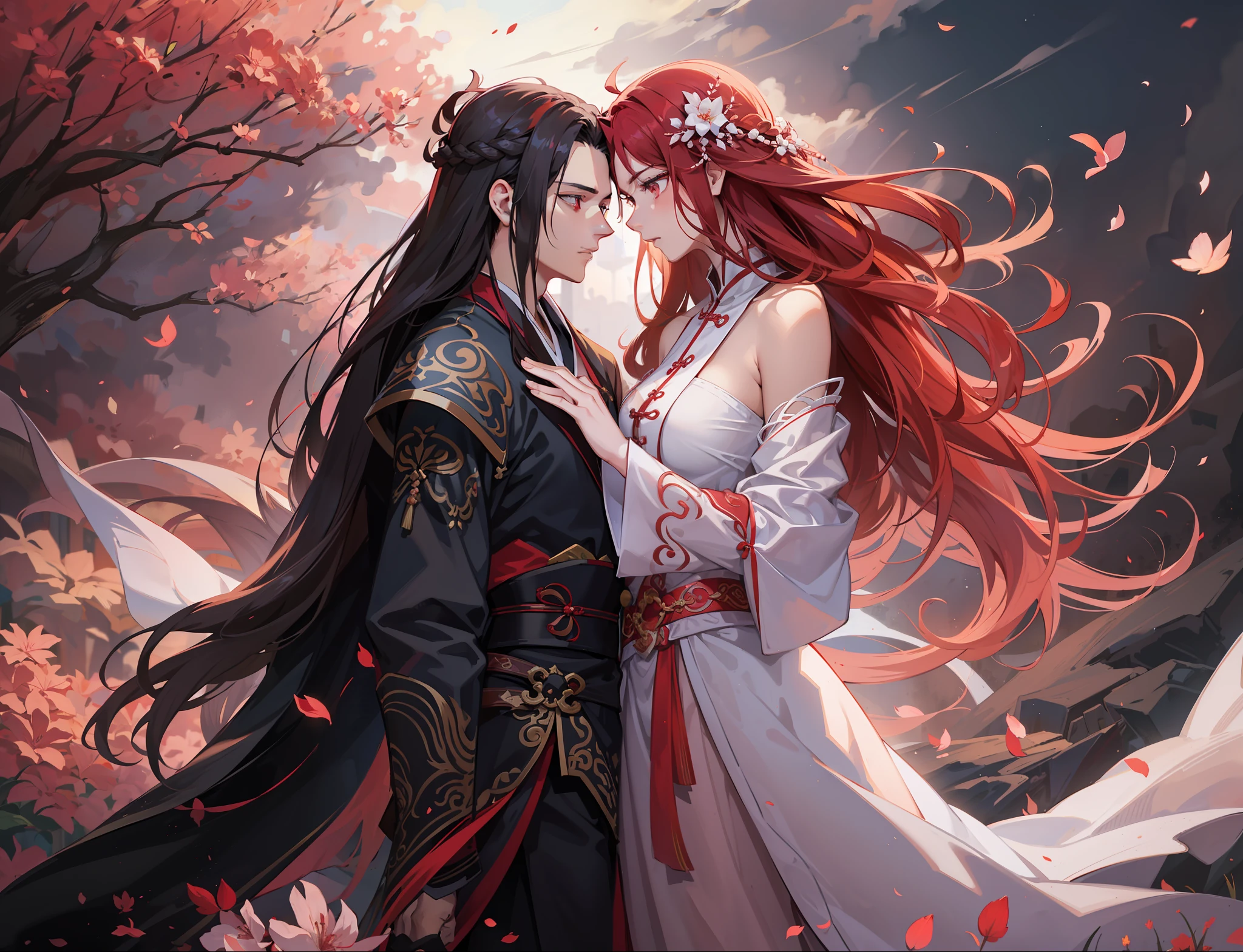 couple, man and woman, extremely handsome guy with long brown hair and black and red outfit and no facial hair, extremely beautiful woman with long pink hair and white clothing, xianxia clothing, xianxia, fantasy, wuxia, dramatic and romantic pose, dramatic lighting, dramatic and dynamic angle, masterpiece, best quality, perfect face