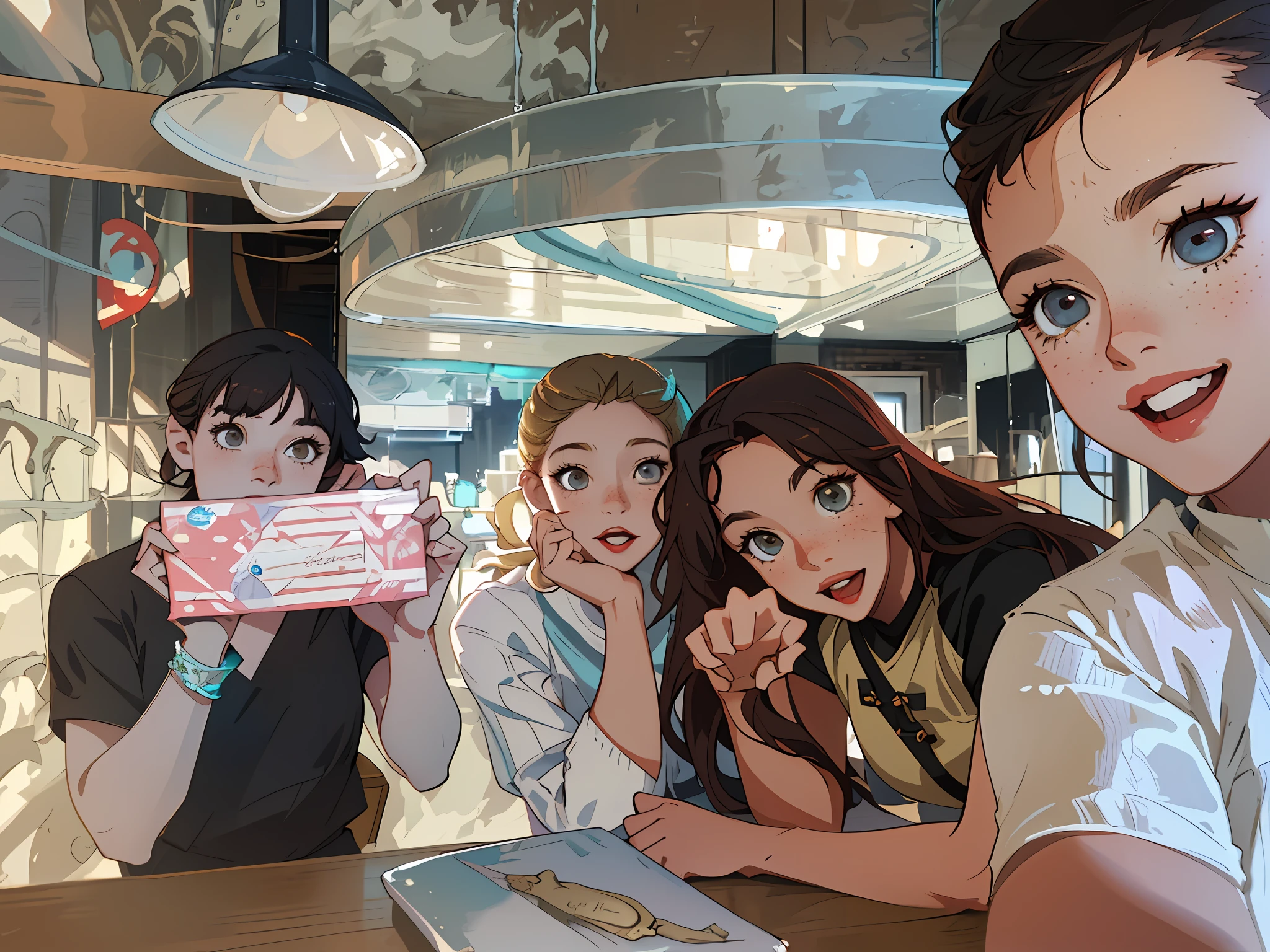 (Best quality at best,tmasterpiece),Three girls on the left,The boy on the right,paw pose,ssmile,big laughter,the ocean,Short top,shorter pants,blond hairbl,freckle,Be red in the face,Warmth,Cream wind,brightly,Handsome