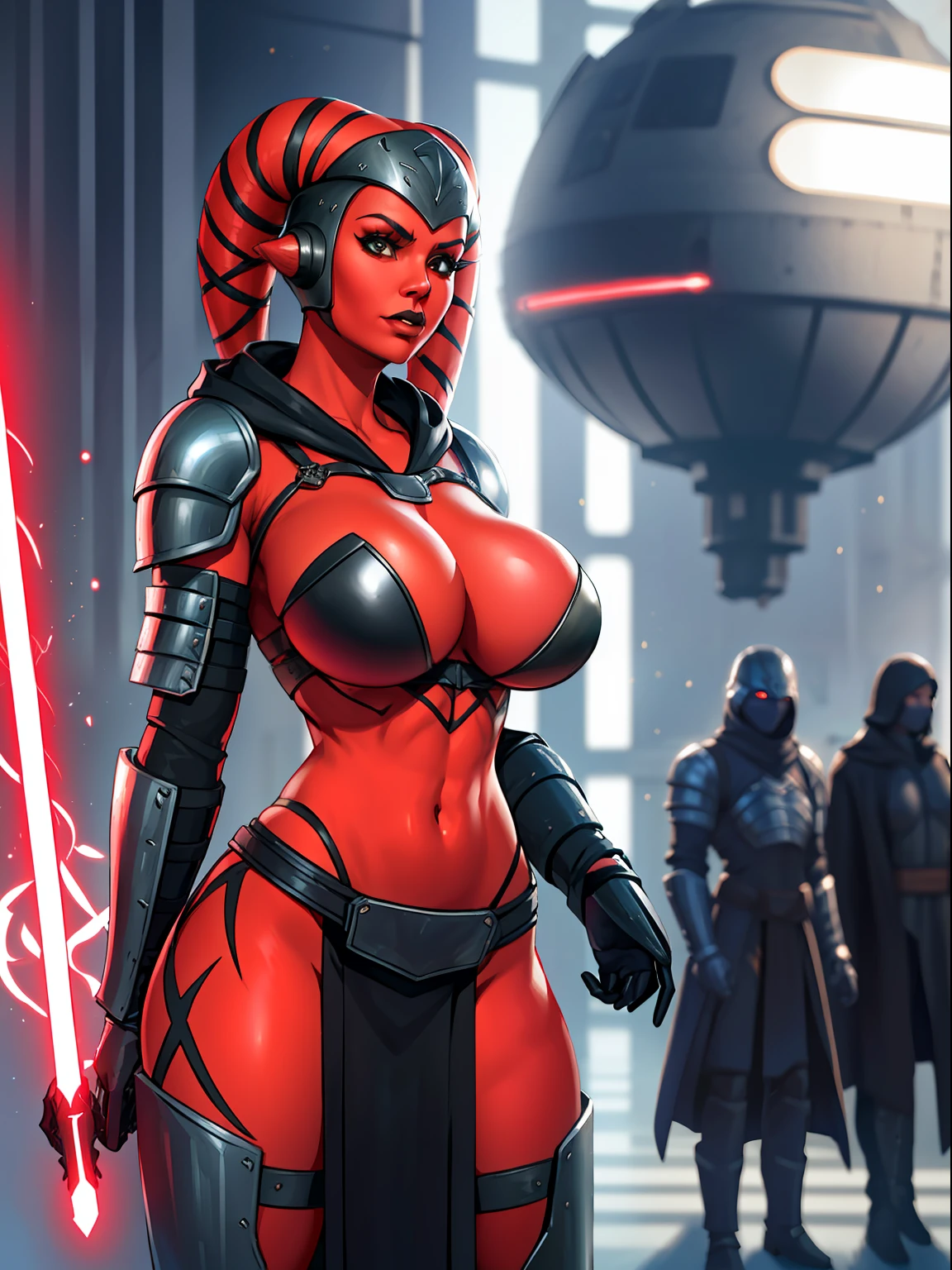 armor, busty, ((red skin), twi'lek), dual red lightsabers, evil space knight, space ninja, (wearing black robes, black stealth armor, breastplate, tunic, tabard, cowl, cloak, body glove, straps, buckles, skirts, long sleeves, fantasy, ((armor))), ((busty), slender body, thin, slim sexy body, slim waist, ((gigantic breasts))), Imperial starship, Star Wars,