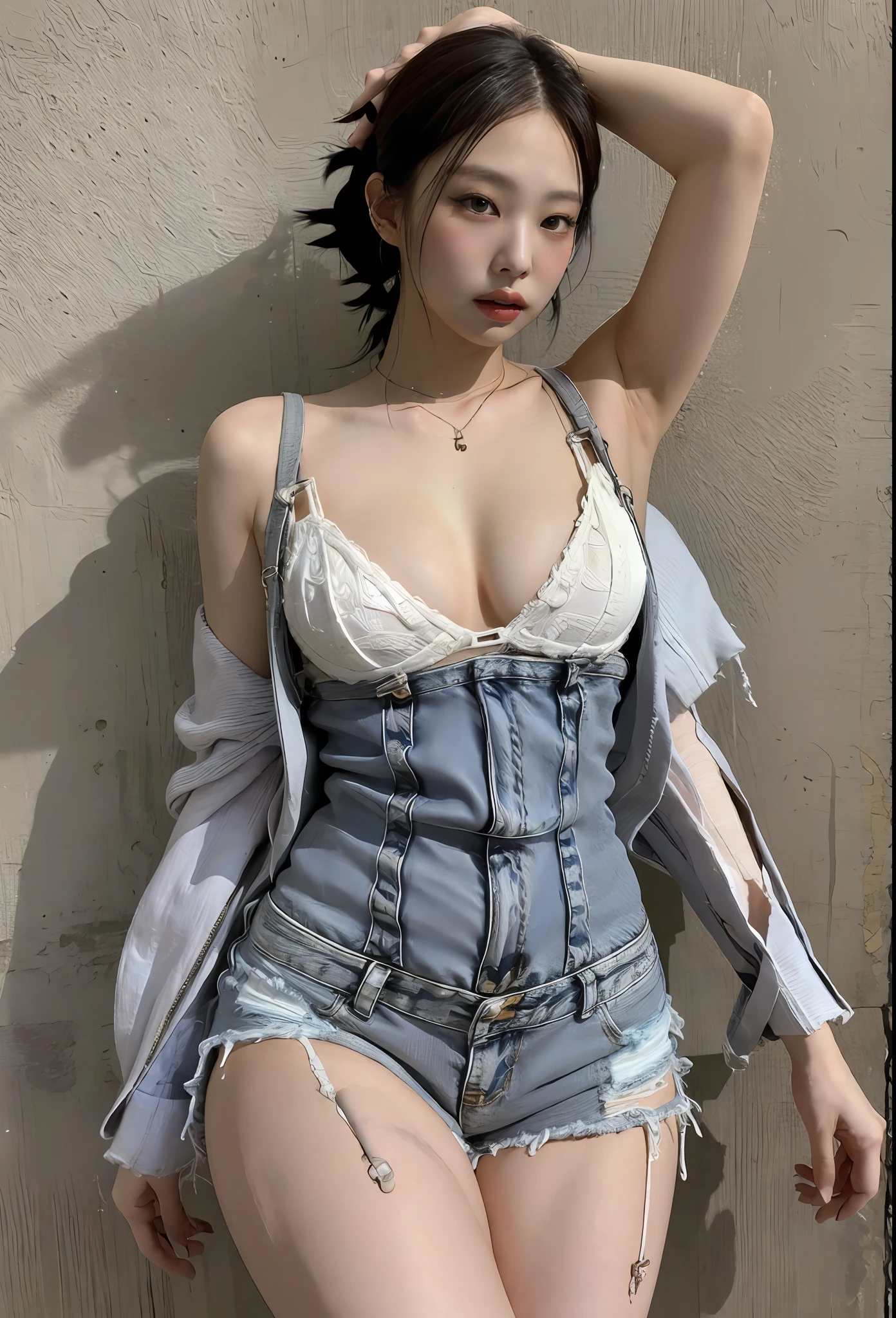 Masterpiece, superlative, realistic, Jennie wearing white suspender knit torn, denim shorts, sexy, open waist, bare shoulders, cleavage, long legs, wasteland punk style, background is dark gray broken wall, intricate details, HD, photography lighting, 16k