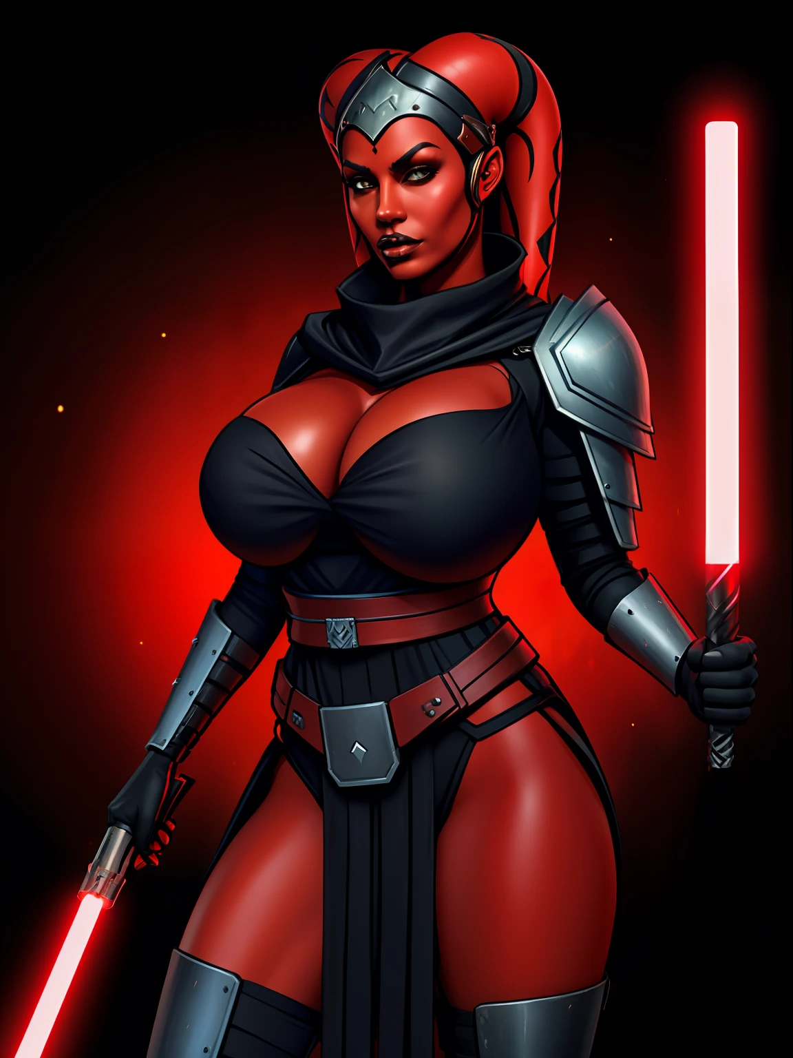 armor, busty, ((red skin), twi'lek), dual red lightsabers, evil space knight, space ninja, (wearing heavy black armor, robes, black stealth armor, breastplate, tunic, tabard, cowl, cloak, body glove, straps, buckles, skirts, long sleeves, fantasy, ((armor))), ((busty), slender body, thin, slim sexy body, slim waist, (((gigantic breasts)))), Imperial starship, Star Wars, warlockandboobs