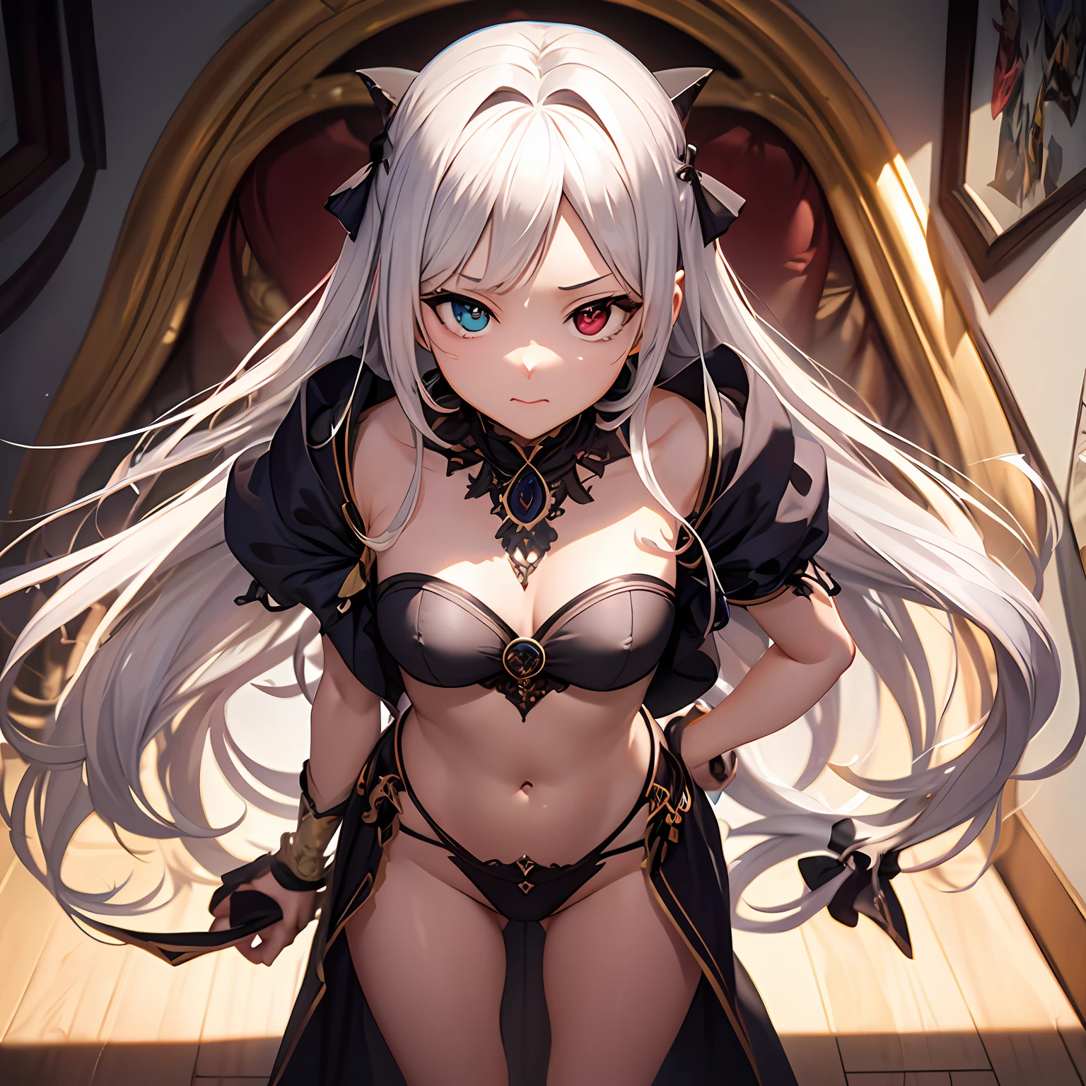 --2d anime --Anime --Primeiro trabalho --anime premiado, --Garota elfa (((--Heterocromia))) --Long white hair --Seductive standing pose --Small breasts --Small ass --Style "Loli", --Detailed digital art --High quality 8K --Detailed Artgerm --Aesthetic perfection --Intricate details --Cinematic lighting --Lighting highlight --SSAA --Smooth rendering --No noise --Dynamic scenery of the imperial palace of fantasyland --Rudeus Style.