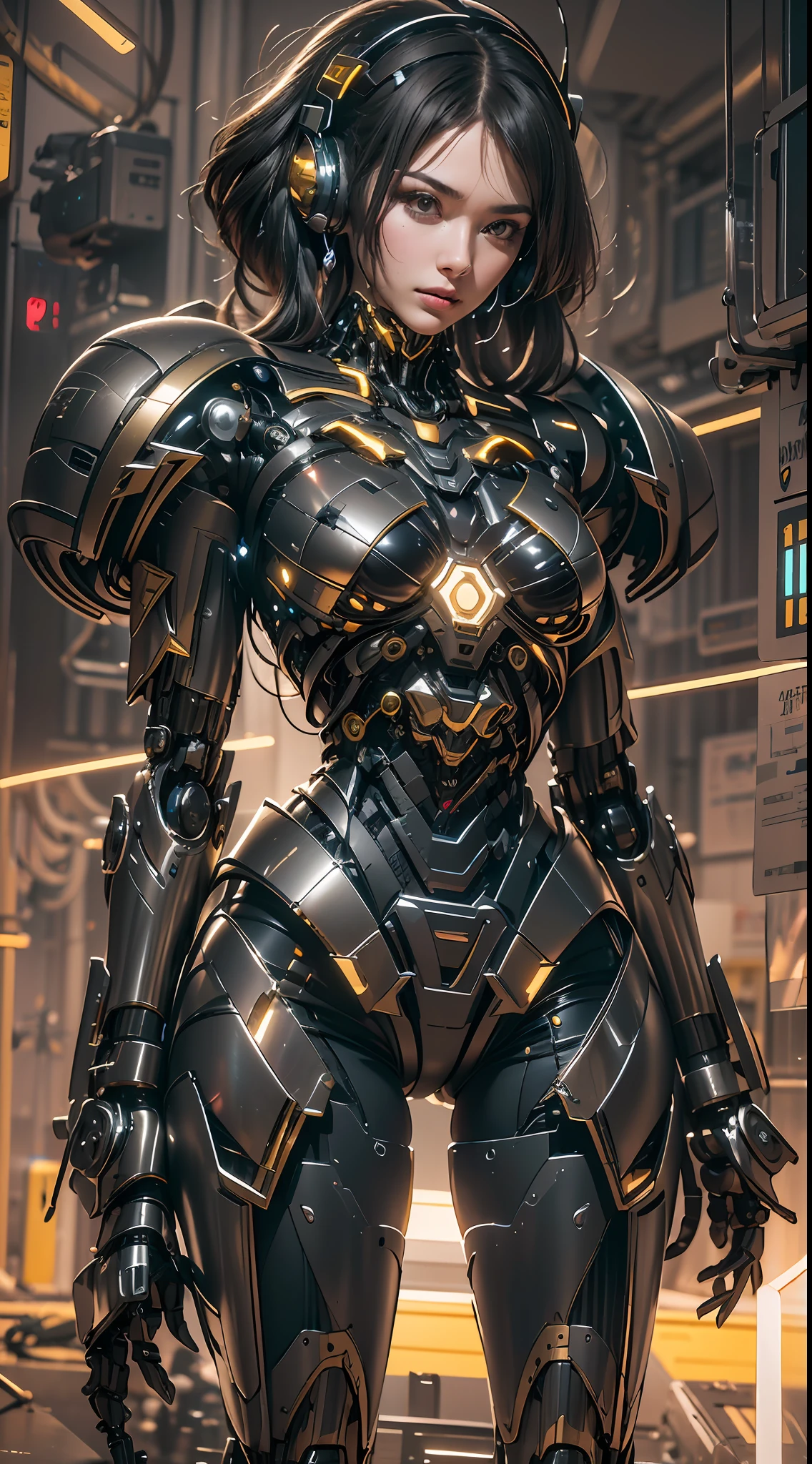 1girll,Perfect facial features,delicated face,Mecha,(cyber punk perssonage:1.3),Put on a black-gold titanium mech,Bring headphones,shelmet,Super complex helmets and headphones,Illuminated helmet and headphones,glowing jewelry,Glowing earrings,Glowing necklace,inside in room,Electronic wire background,best qualtiy,tmasterpiece,Movie filter presets,movie level lighting,c4d渲染,rendering by octane,Realistic metal surface,((Brushed metal surface texture)),((with light glowing)),Glow,(fully body photo:1.5),(Mechanical heels),High chiaroscuro,Character on the left,Mecha accessories on the right are displayed