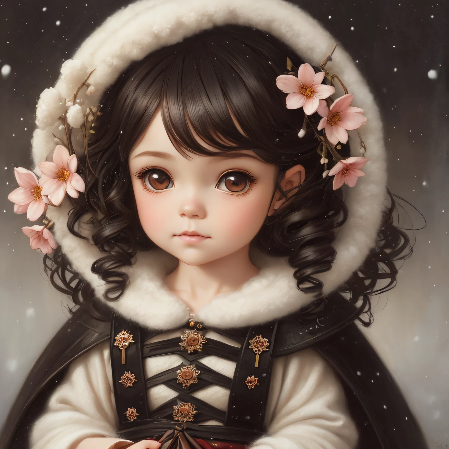 portrait of a cute gothic chibi girl kewpie winter clothes, long curly hair oil paint vray, and flowers by Stanley Artgerm and Tom Bagshaw --auto