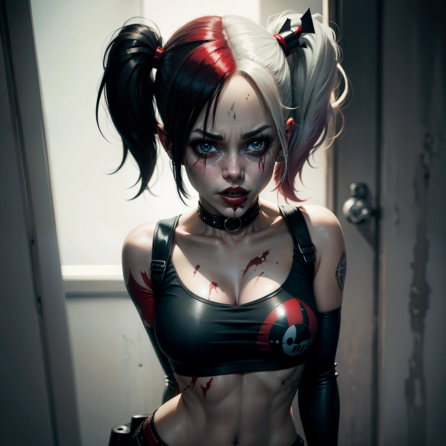 harley quinn, vestimenta negra, peligrosa, sosteniendo un bate con sangre, terror, atmosfera oscura