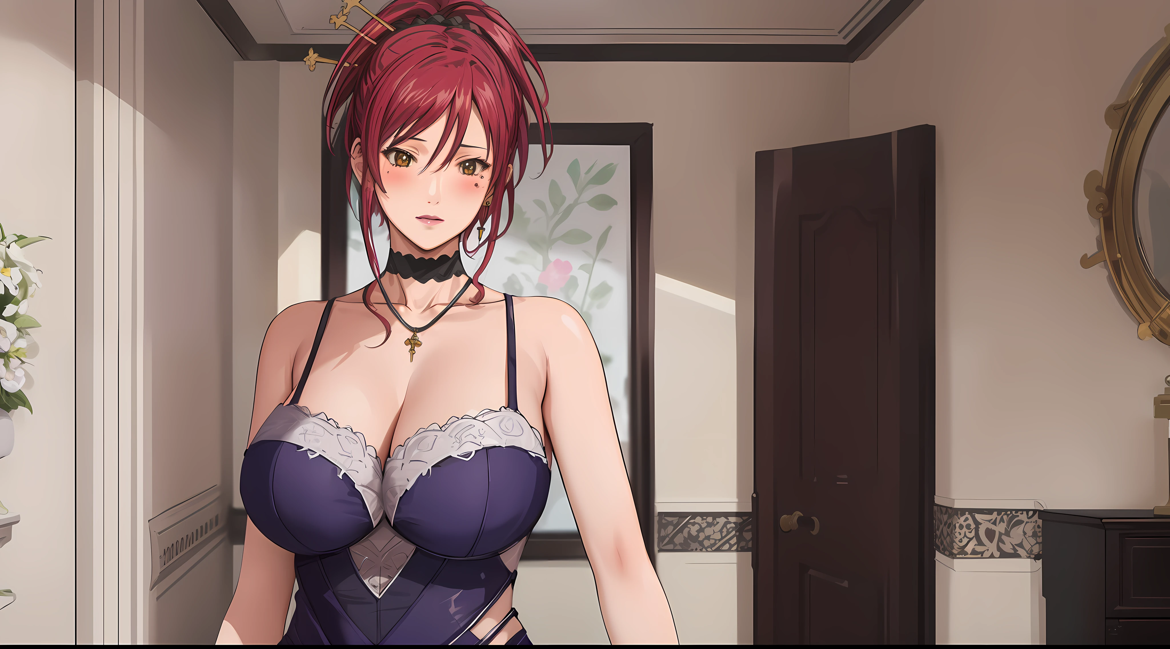 (Masterpiece, Best Quality, High Quality:1.4), professional artwork, Intricate Details, field of view, sharp focus, detailed painting, photorealistic lighting, trending on pixiv, (vivid lighting, vibrant colors:1.05), realistic shadows, ambient occlusion,
Marie Mamiya, mature female, milf, solo, (curvy:1.1), luxury room, (half body shot:1.1),
(red hair:1.05), hair ornament, lipstick, makeup, (mole under eye:0.9), choker, ultra detail hair, ultra detail face, (yellow glowing eyes:1.05), perfect eyes, perfect face, perfect retina, earrings, (seductive look, blush:1.15),
(main dress:1.4), choker, bare shoulders, necklace, fingernails,
(Large Breasts:1.15), Cleavage,