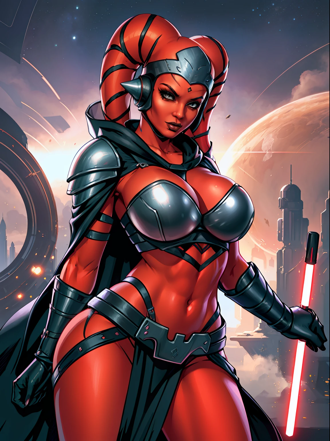 armor, busty, gigantic boobs, ((red skin), twi'lek), dual red lightsabers, evil space knight, space ninja, (wearing black robes, black stealth armor, breastplate, tunic, tabard, cowl, cloak, body glove, straps, buckles, skirts, long sleeves, fantasy, ((armor))), ((busty), slender body, thin, slim sexy body, slim waist, ((gigantic breasts))), Imperial starship, Star Wars,