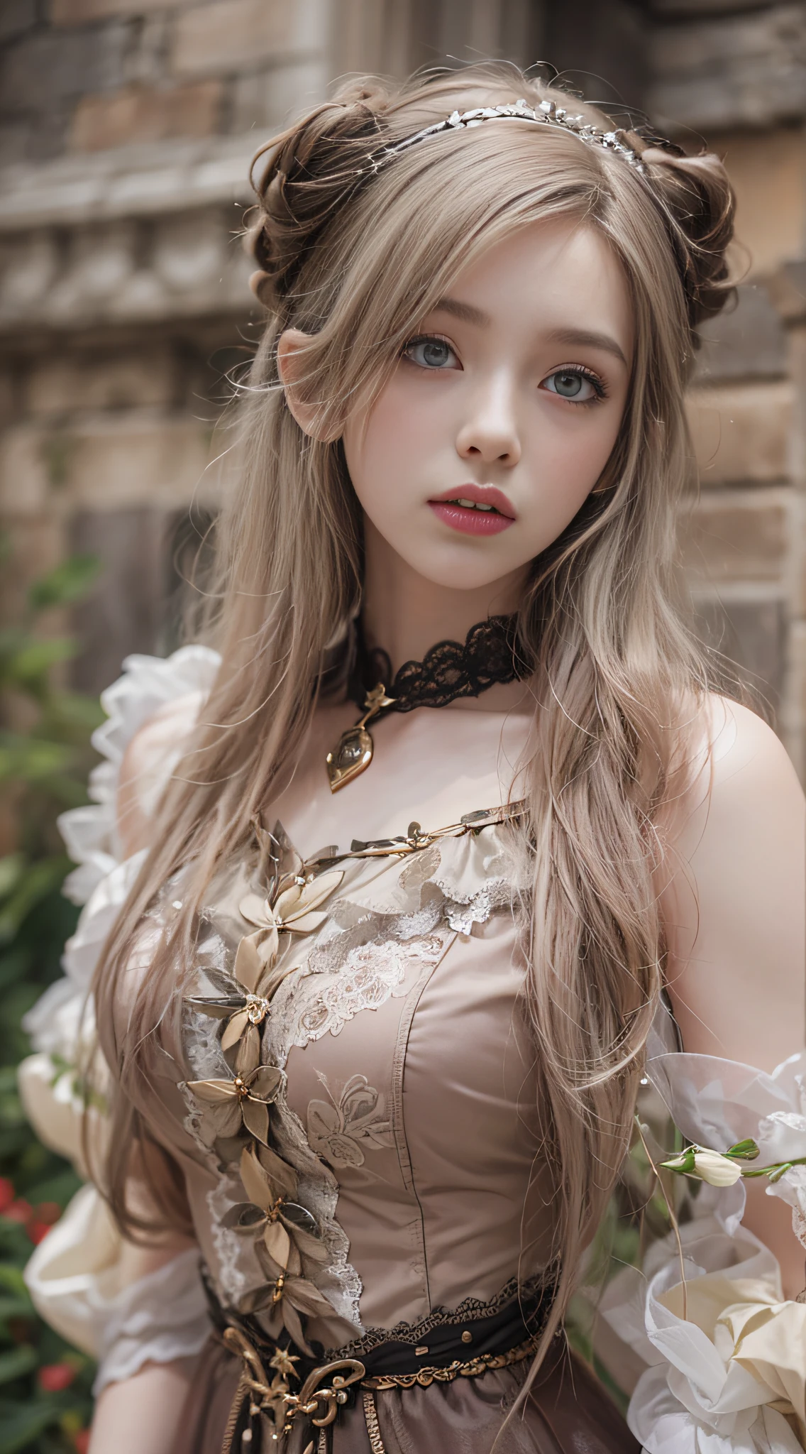 （8K， RAW photos， best qualtiy， tmasterpiece：1.2），（realisticlying， photograph realistic：1.4)
****ta Costume Outfit，Lace， Aerith Gainsborough， The upper part of the body， undergarments，exposed bare shoulders， do lado de fora， Old castle， high high quality， Adobe Lightroom， highdetailskin， looking at viewert，