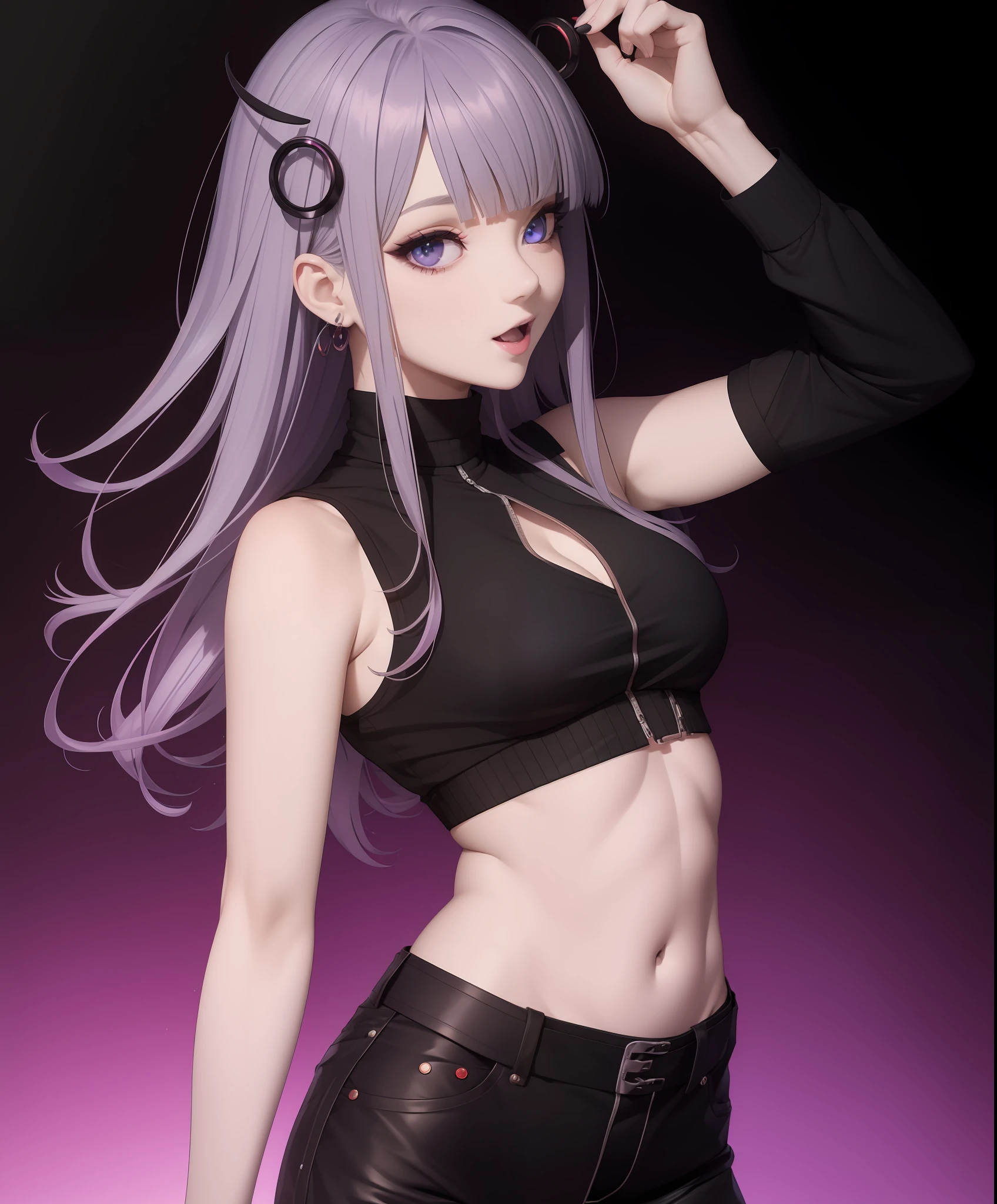 masterpiece, (photorealistic:1.4), best quality, beautiful lighting,
nanakusa nazuna, 1girl, bangs, black background, black jacket, black shirt, black shorts, blue eyes, blunt bangs, breasts, cleavage cutout, clothing cutout, crop top, eyeshadow, fangs, gradient hair, grey hair, hair rings, jacket, light purple hair, looking at viewer, makeup, multicolored hair, navel, open mouth, red eyeshadow, shirt, shorts, sleeveless, sleeveless turtleneck, sleeveless turtleneck crop top, small breasts, solo, stomach, turtleneck, turtleneck crop top, two-tone hair, vampire RAW photo, 8k uhd, film grain