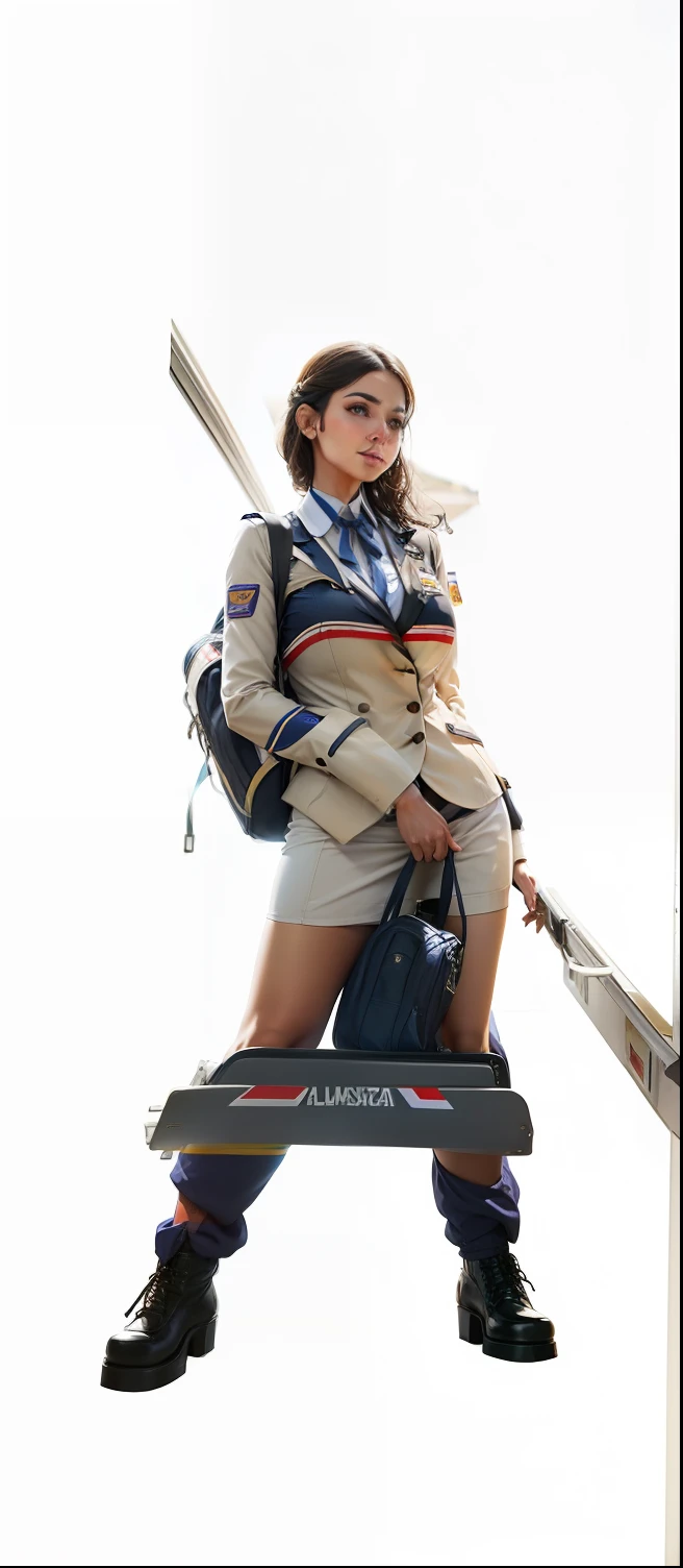 A stewardess from Latam, roupa curta, Welcoming passengers at the door of the plane --auto