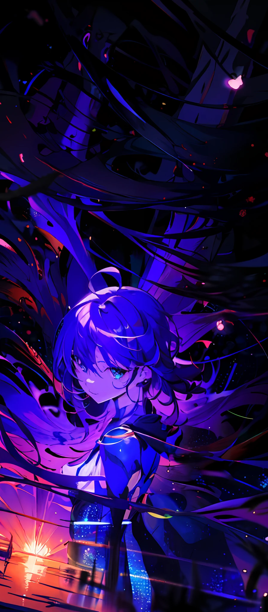 Menina anime, corpo sexy, com cabelo longo e olhos azuis em um fundo roxo e preto